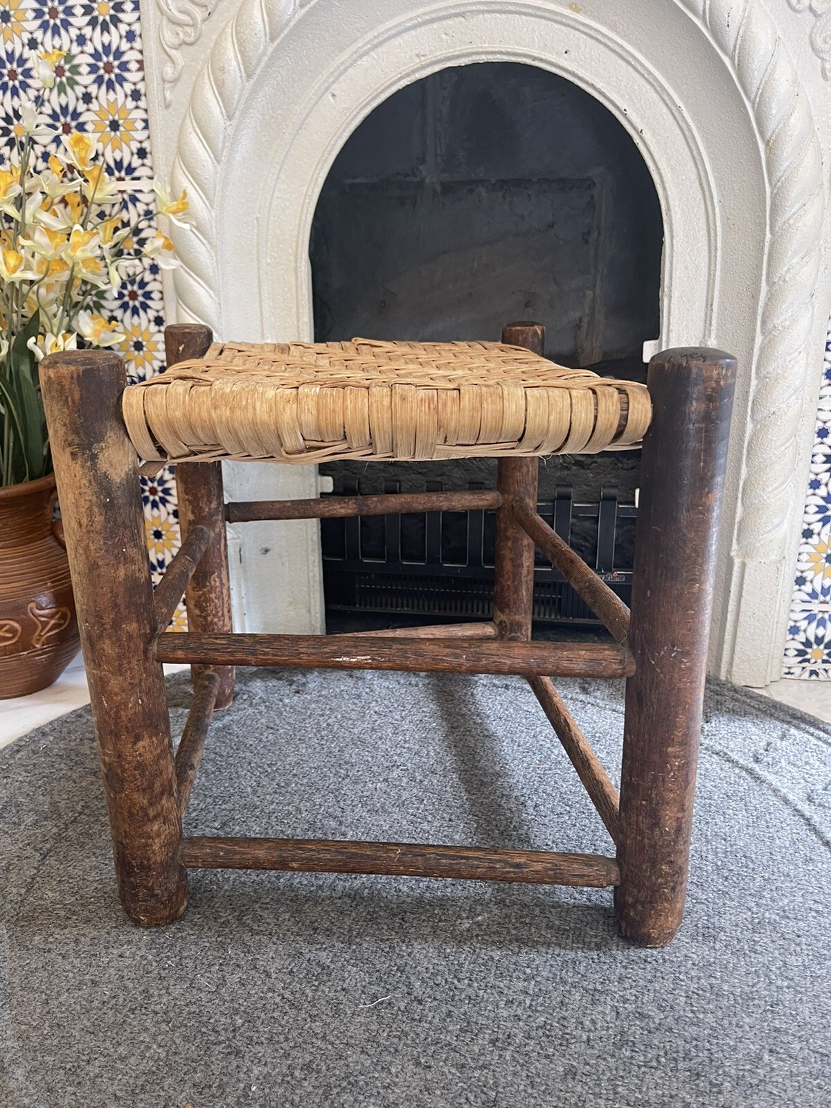 Vintage Oak Footstool Stool Ottoman With Trapezoid Woven Rush Top Handmade