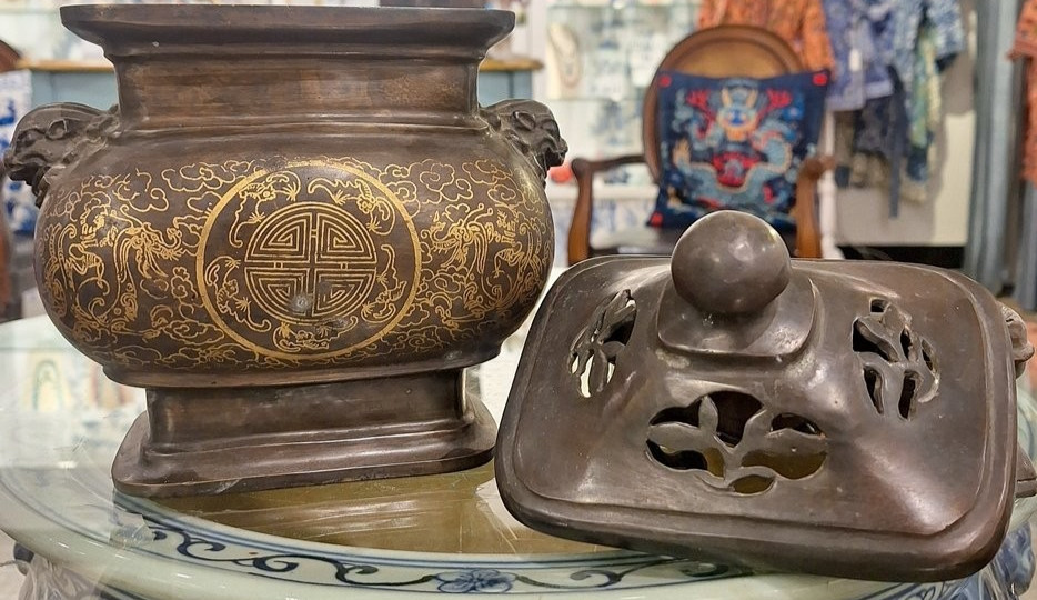 Antique Late Qing Dynasty Bronze Incense Burner-7'' x 12''H