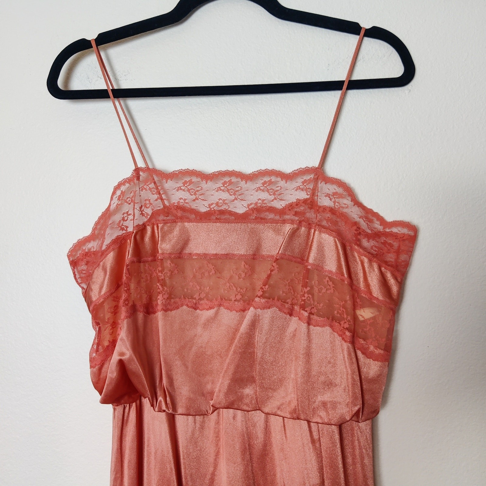 Vtg Union Made Lace Nylon Maxi Slip Dress Large Peachy Pink Fairy Coquette Girl