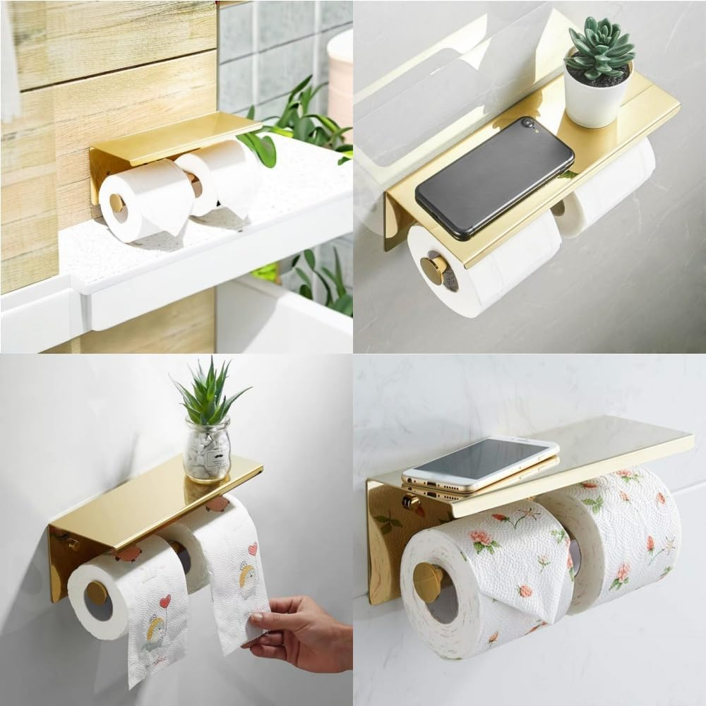 Wall Mounted Toilet Paper Holder with Phone Shelf Bathroom Double Roll Holder US