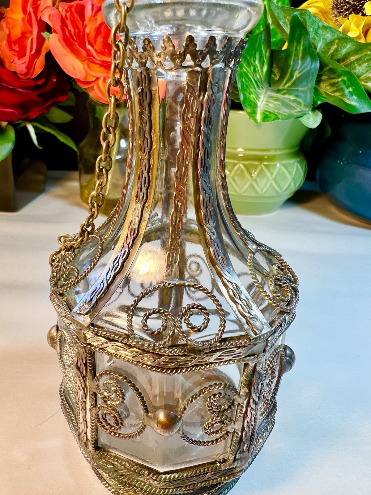 VTG GLASS BOTTLE SILVER PLATED, BRASS, COPPER OVERLAY BOTTLE 1900's UNIQUE
