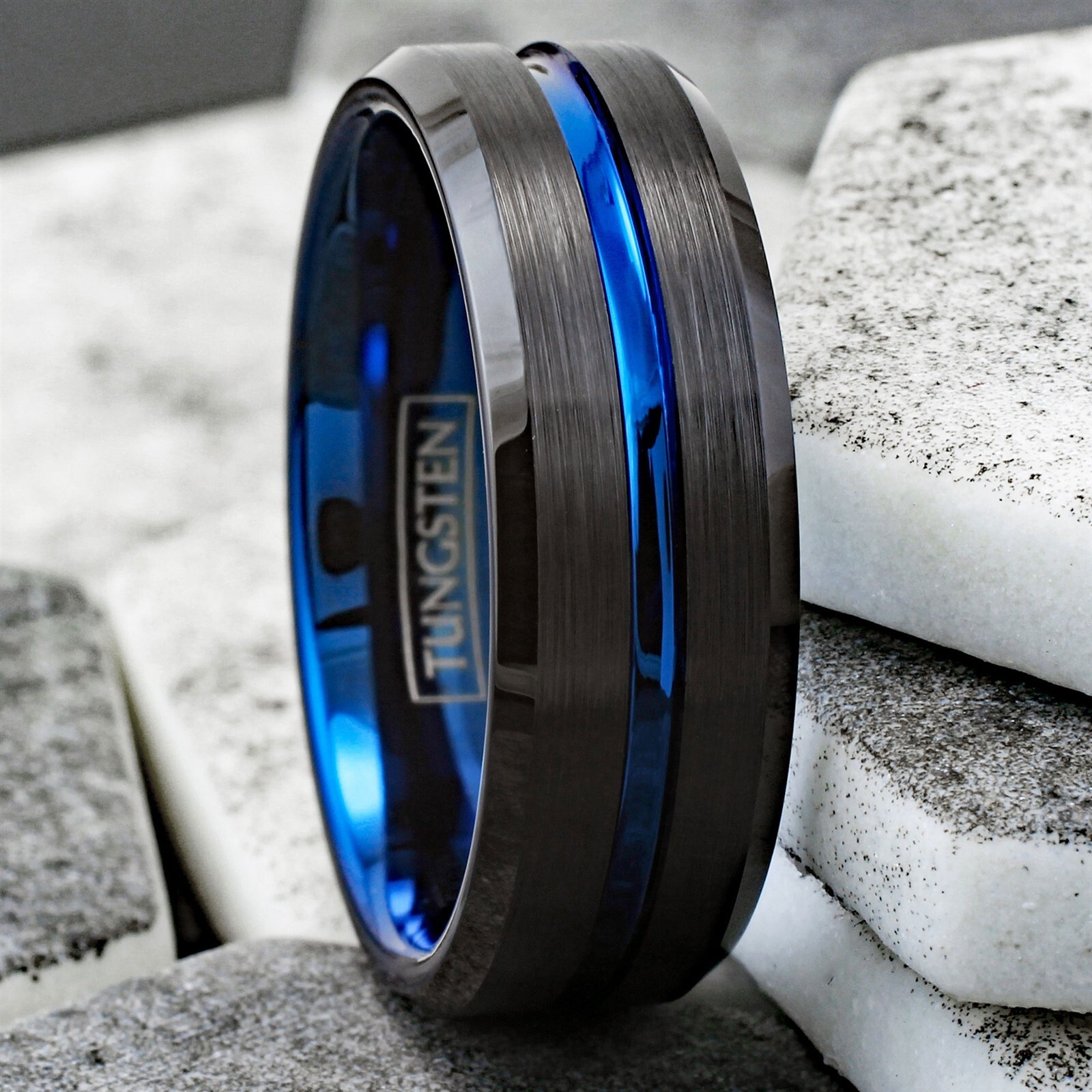 6/8mm Tungsten Carbide Men's Ring Thin Blue Line Black Brushed Wedding Band
