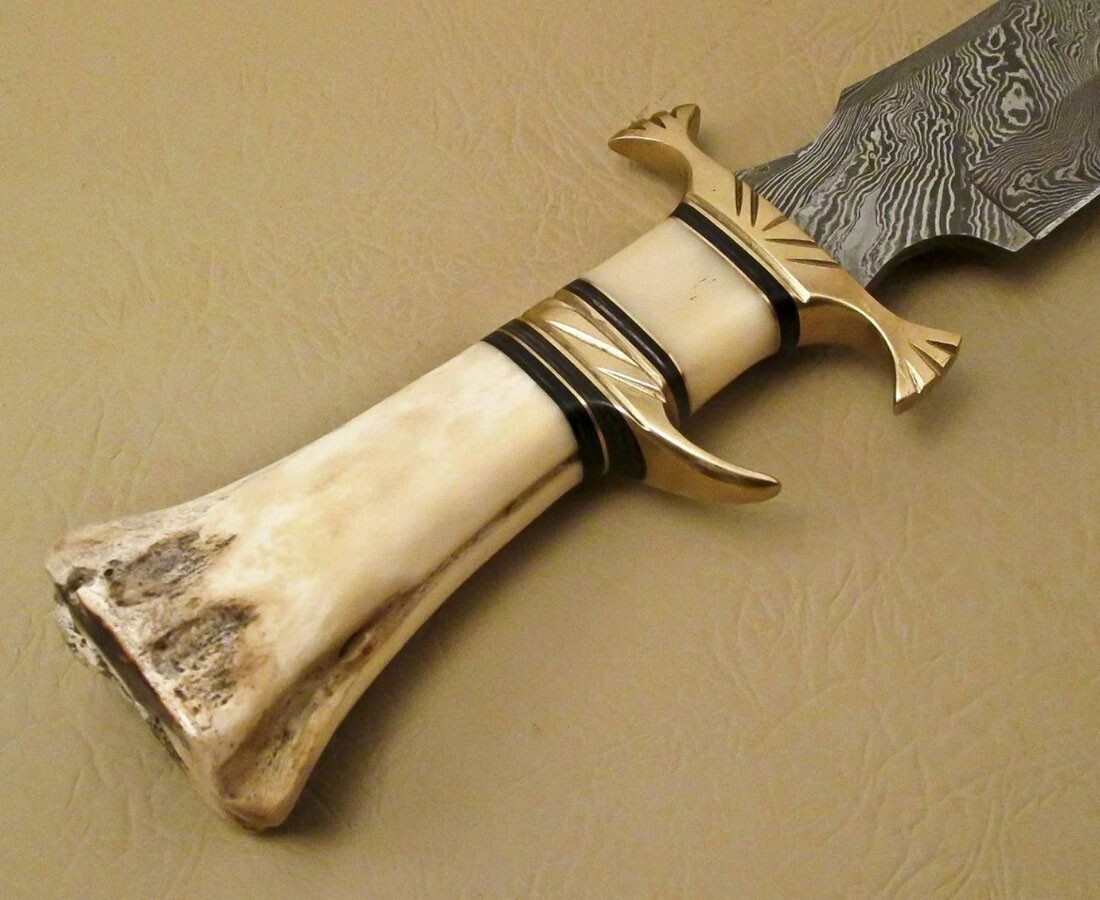 Handmade Damascus Bowie Knife Sharp Blade Camel Bone Handle With Leather Sheath