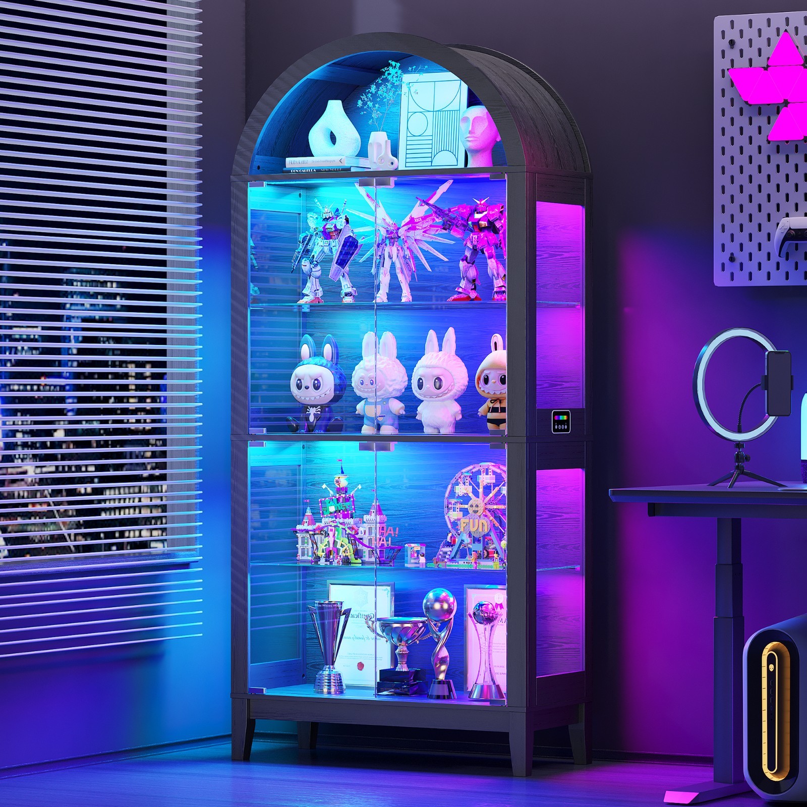 Black Curio Cabinet with Glass Doors, 69" Arched Display Cabinet with RGB Lights