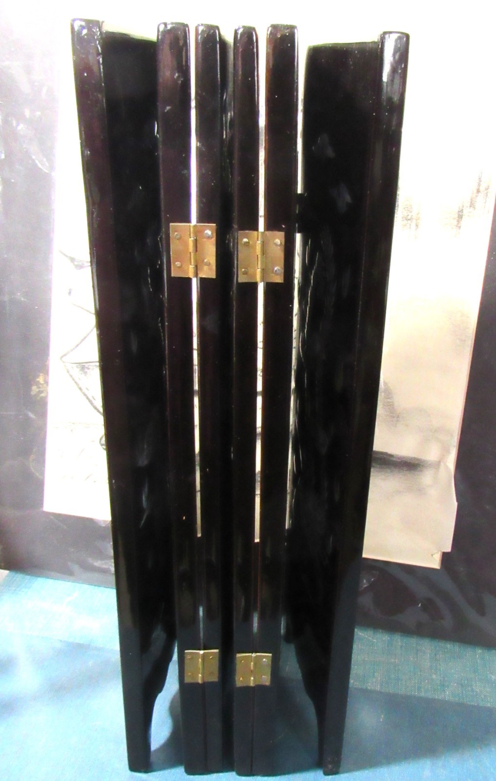 Asian 6 Panel 2 Side Lacquer Wood MOP Abalone Gold Fish Screen Divider 14"x28"