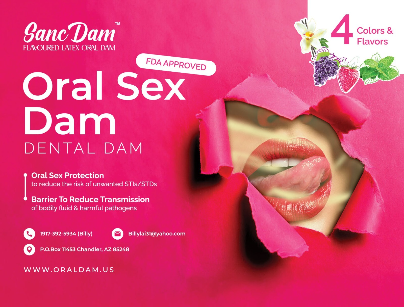 8 Packs SancDam Oral Sex Dam Ultra-Thin Membrane 4 FLAVOR Dental Dam Cleared FDA