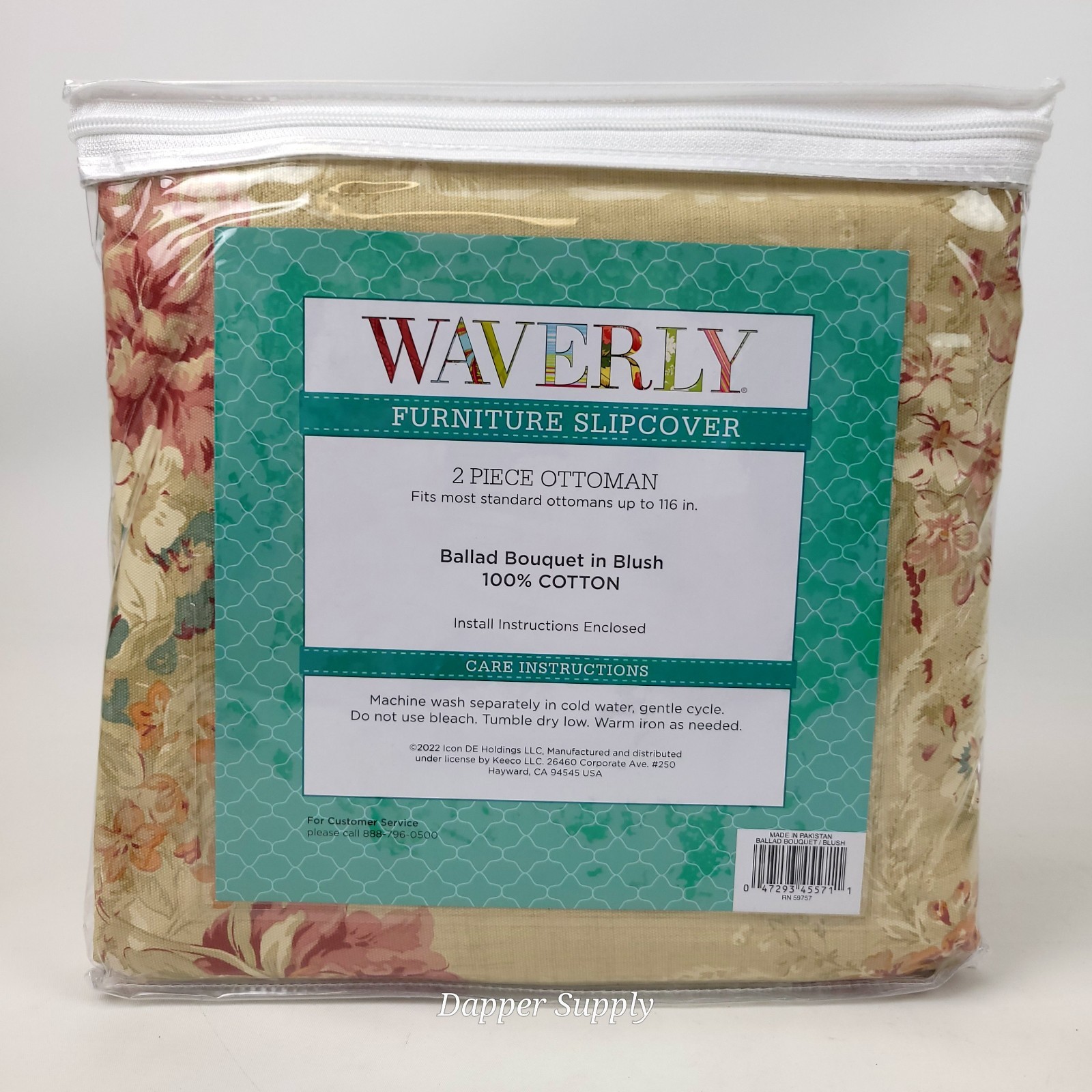 Waverly Ballad Bouquet 2 Piece Ottoman Slipcover in Blush Floral 116" New