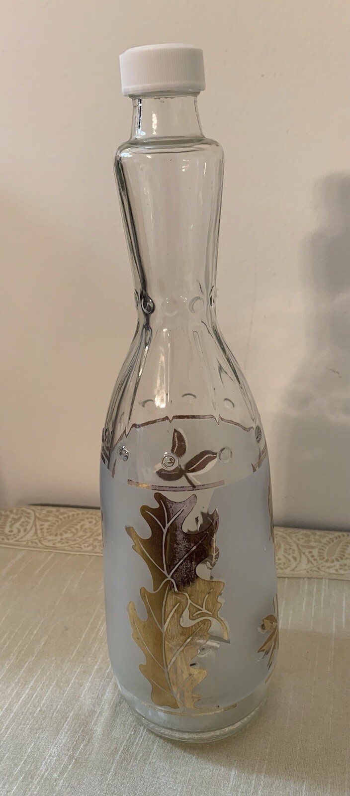 Vintage Libbey Frosted White with Gold Leaves Bottle/Decanter 12” Tall 3” High