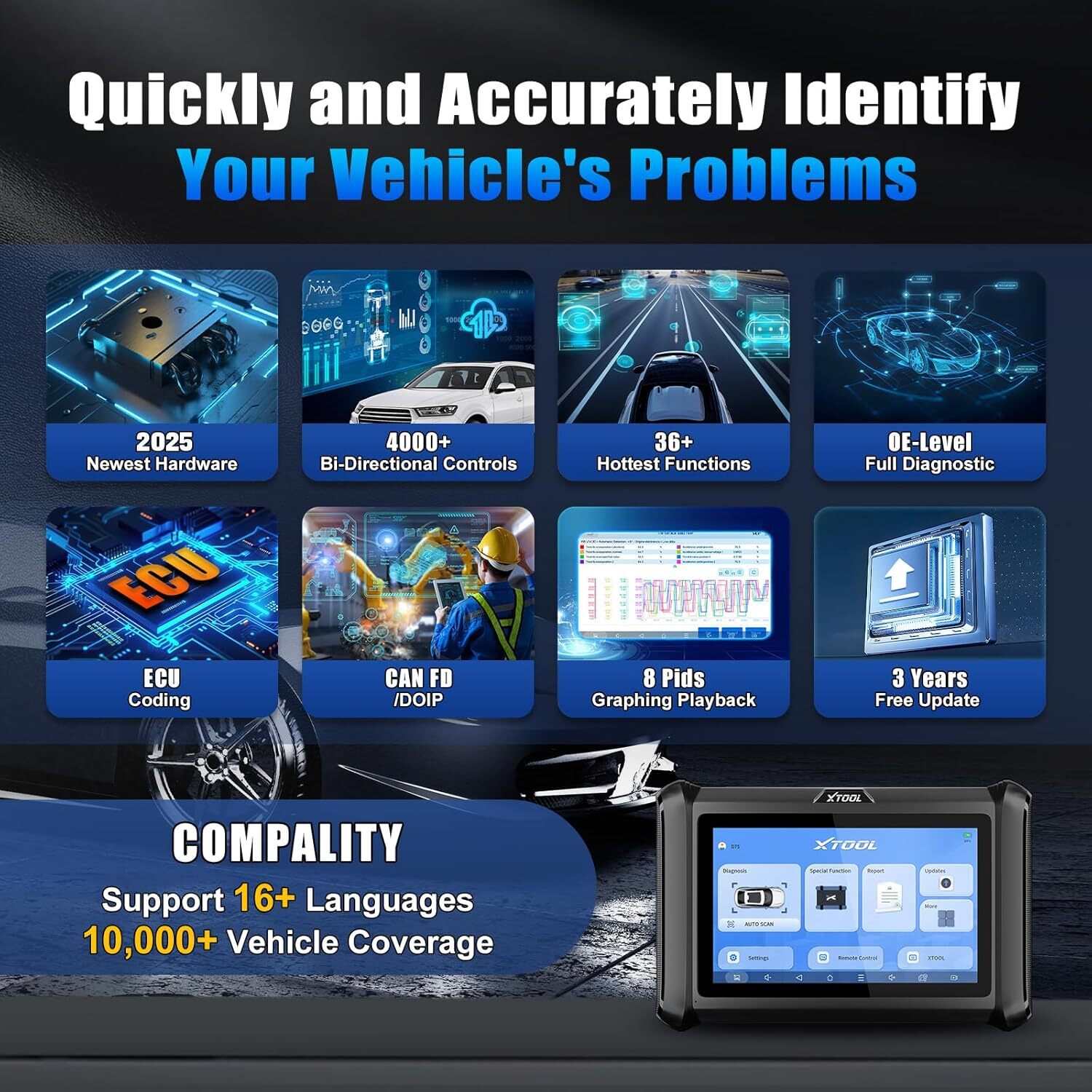 2025 XTOOL D7S Full Diagnostic Tool E.CU Coding 4000+ Bidirectional Scanner FCA