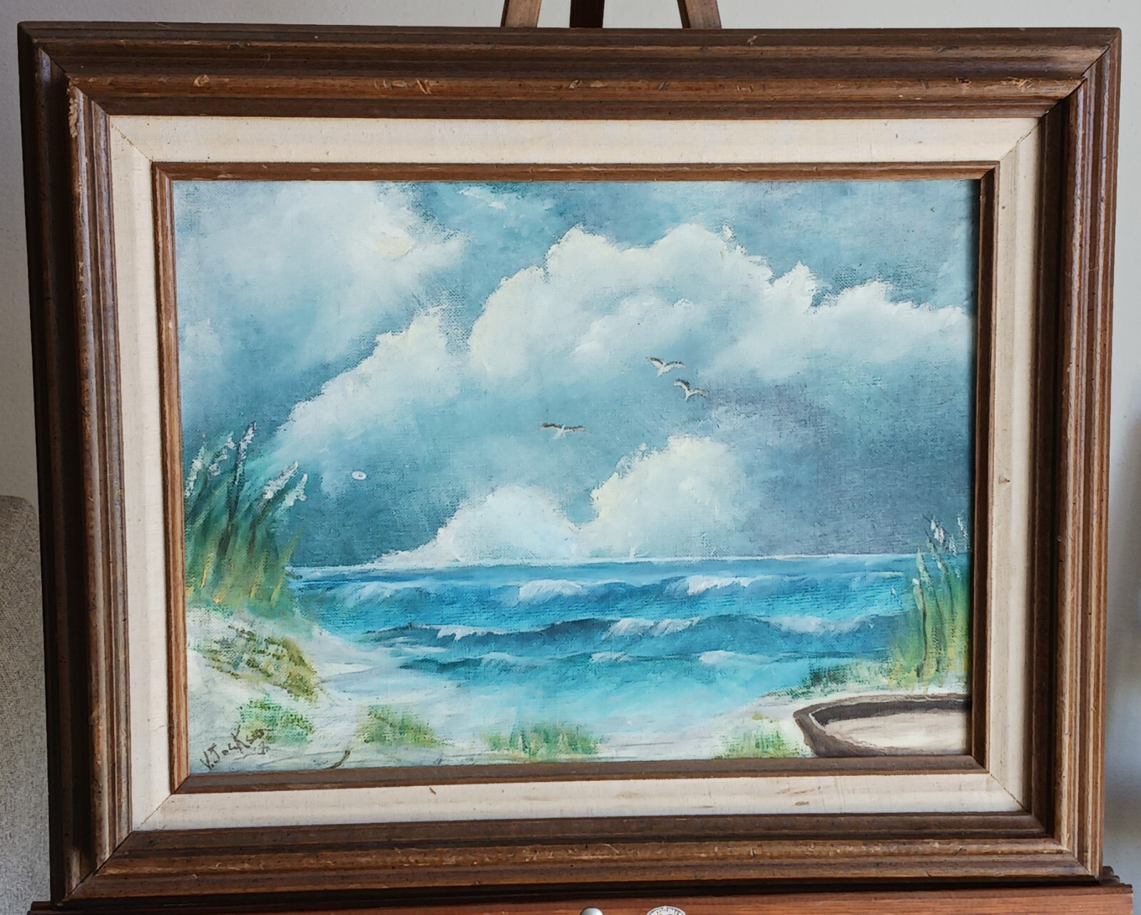 Vintage painting Seascape Beach Ocean signed V. Jackson Exhib. Vancouver, WA
