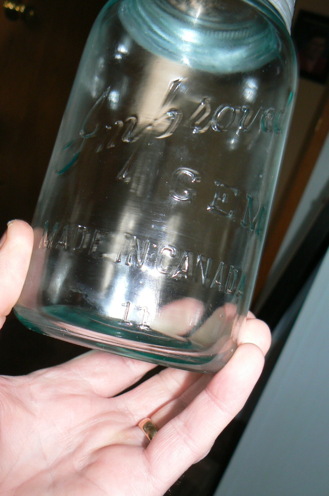 RARE 1920s Qt. Improved Gem Blue glass canning jar made by ( SDH ) from Canada,