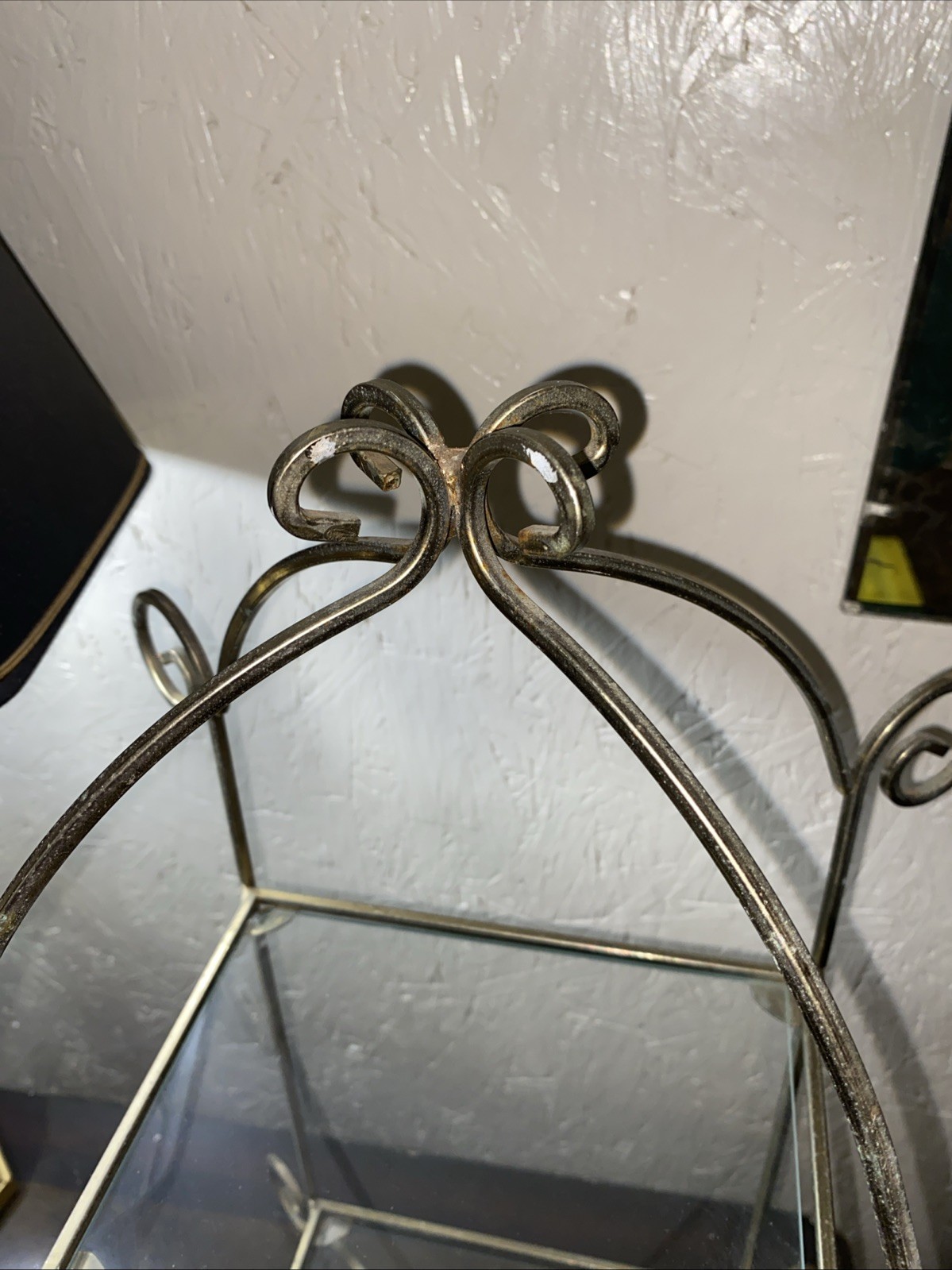 Vintage Two Tiered Shelf Brass Metal Frame With Two Glass Shelves Free Standing