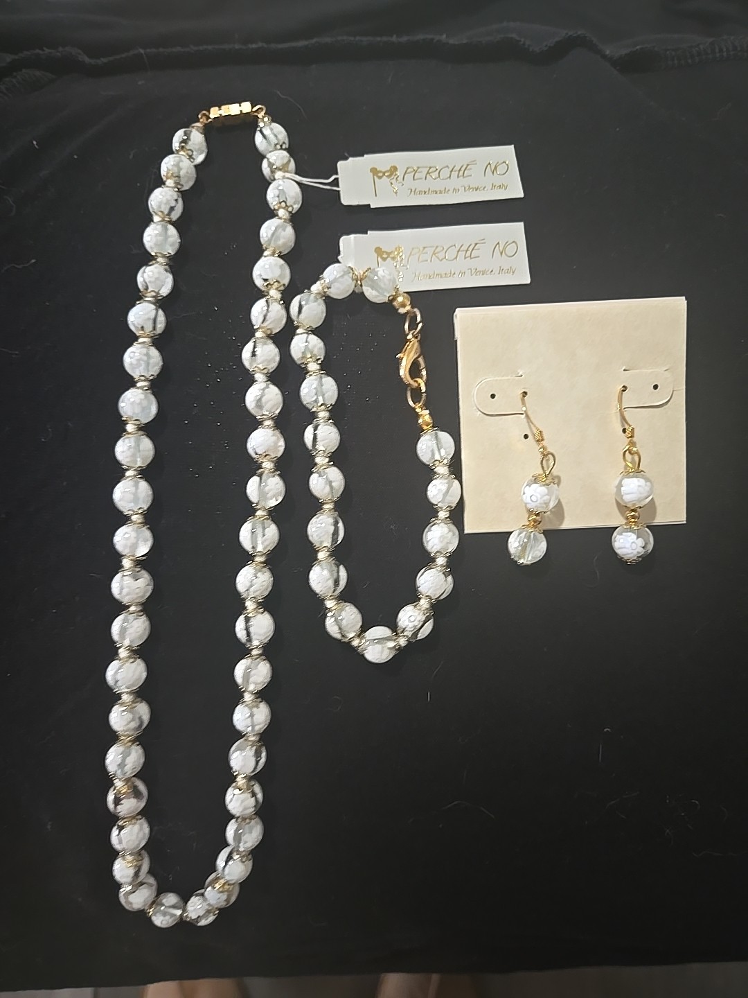 Perche No Handmade In Italy Venetian Glass Beads Necklace,Braclet&Earings Set