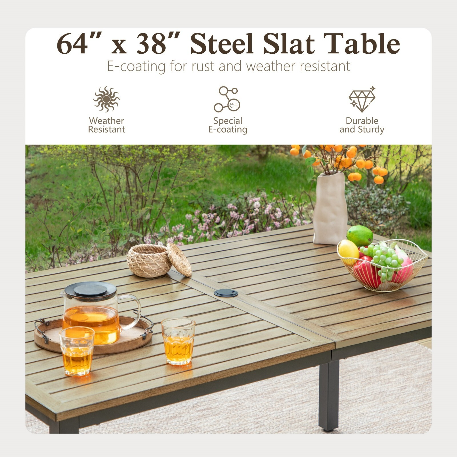 64" Patio Dining Table Metal Large Outdoor Table with Umbrella Hole Heavy Duty
