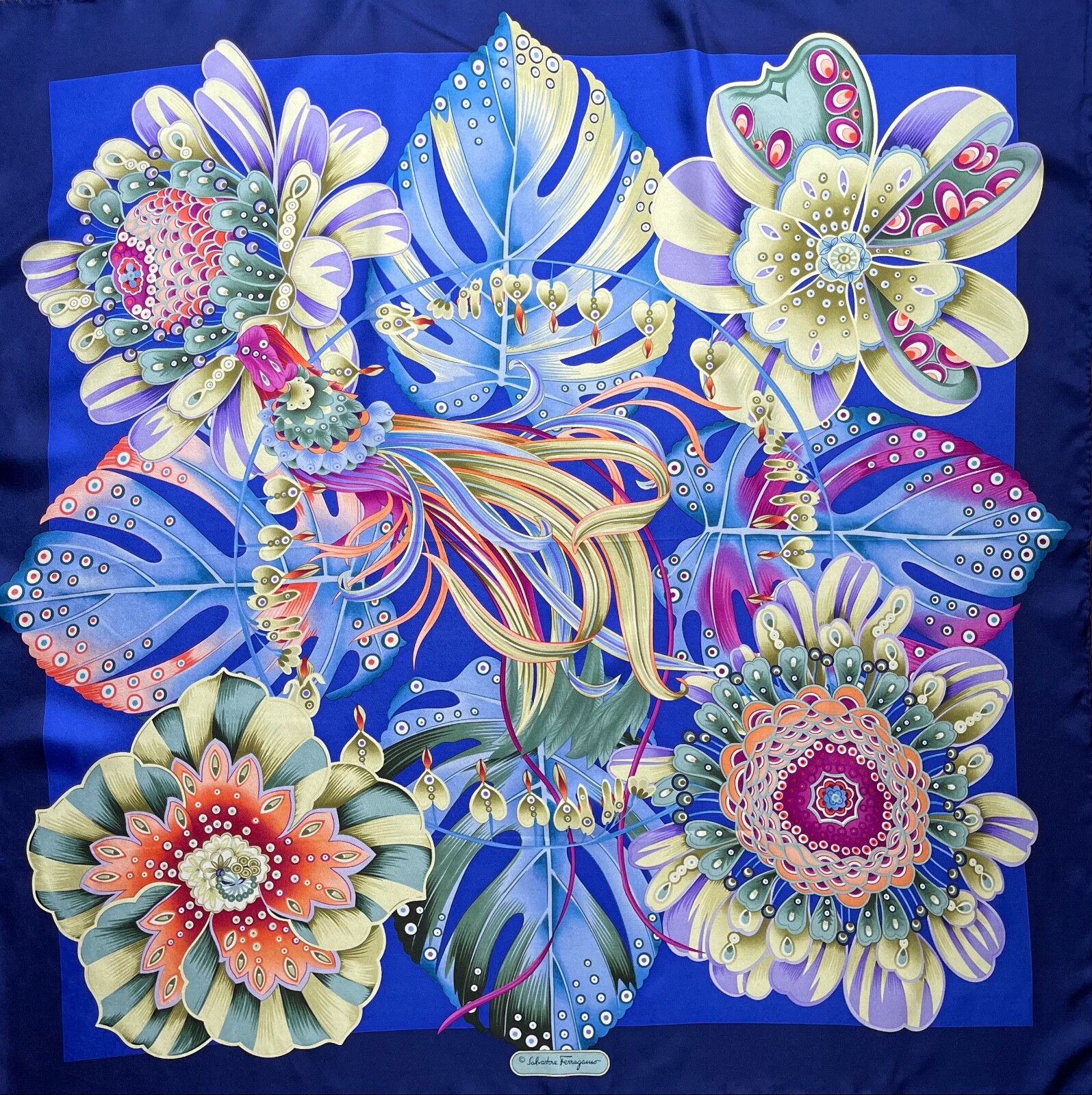 Salvatore Ferragamo Scarf Accessories Flower Garden Blue Floral Silk Wrap