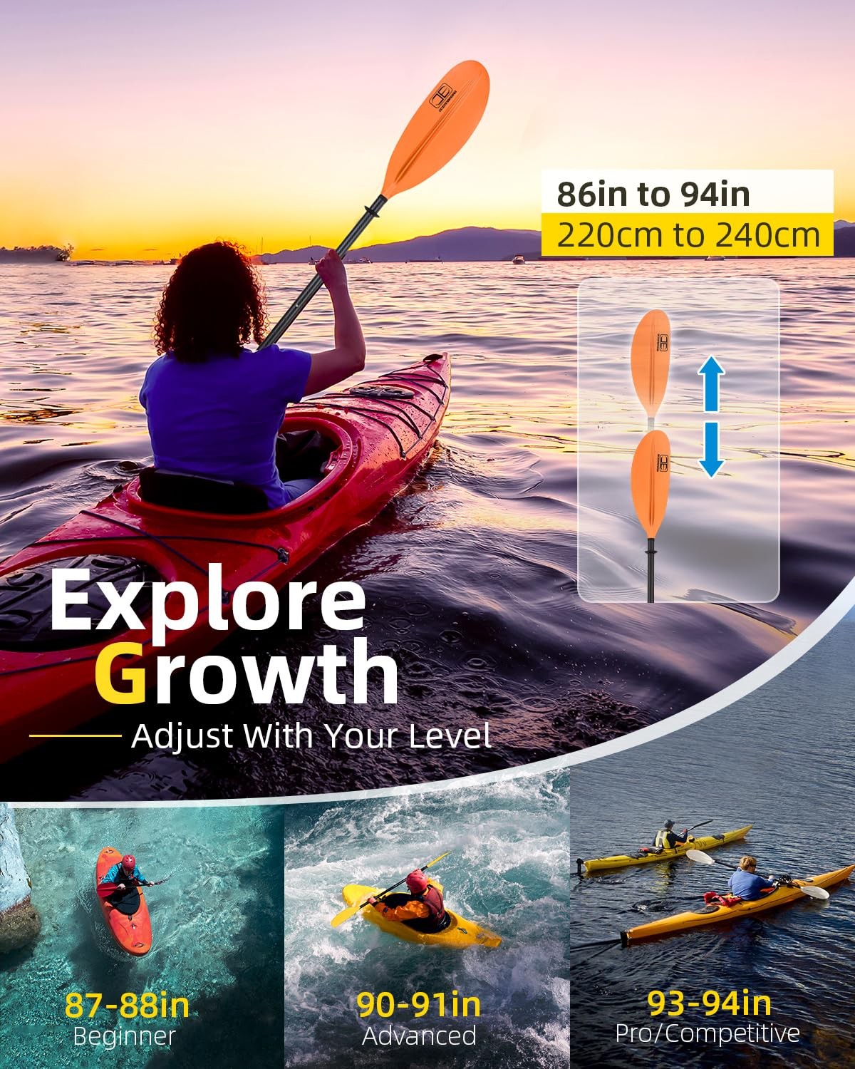 Best OCEANBROAD Adjustable Carbon Fiber Kayak Paddle 86in/220cm to 94in/240cm