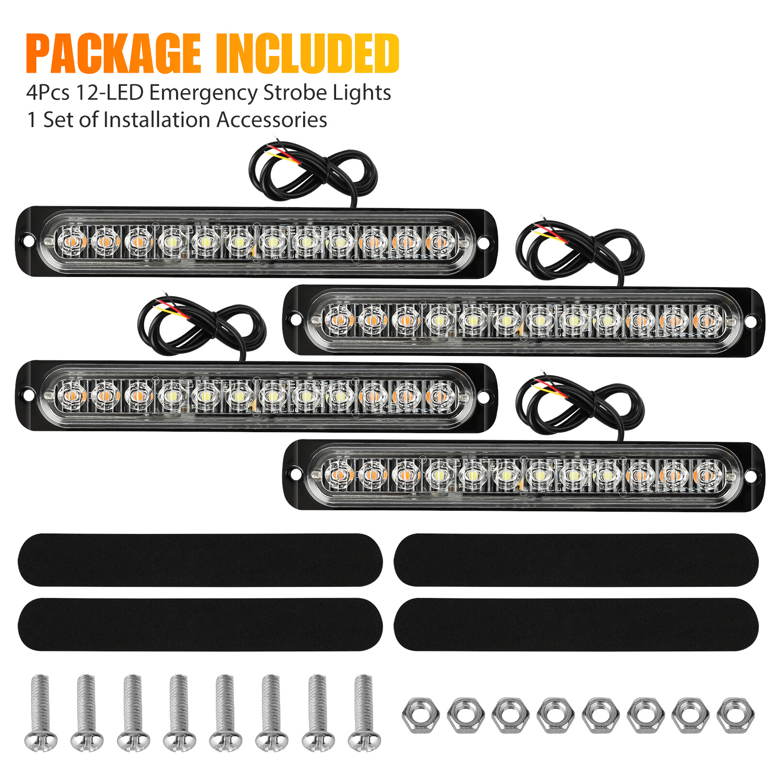 4PCS Amber/White 12 LED Car Truck Strobe Light Bar Flashing Warning Hazard Lamps