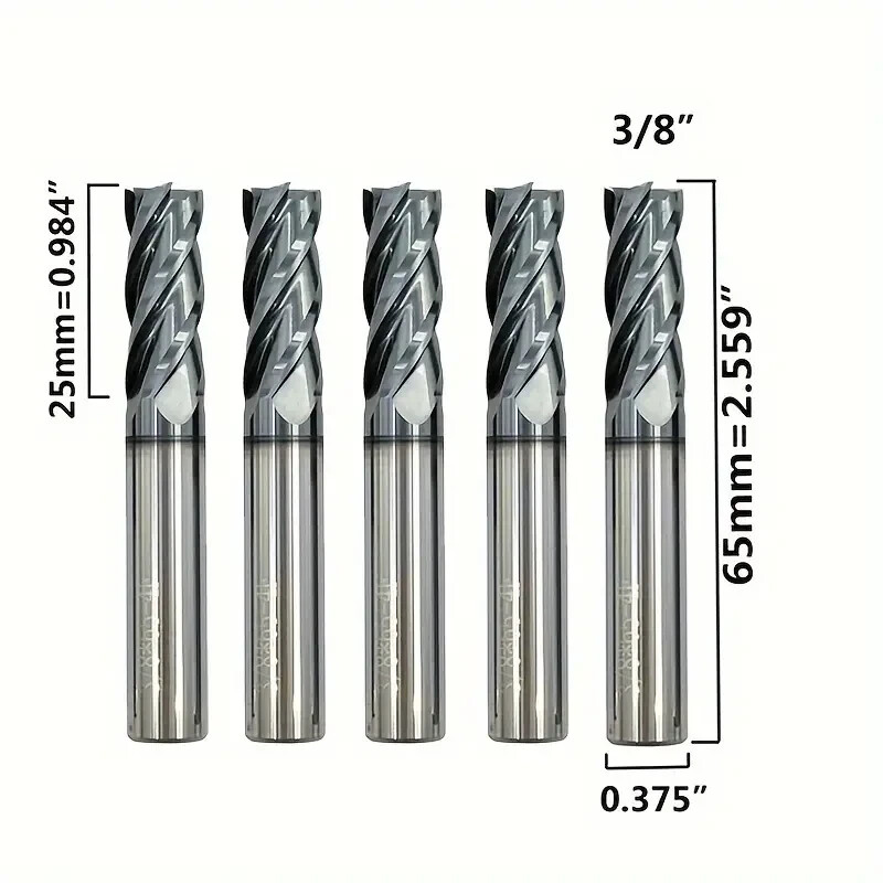 5 PCS 3/8" 4 FLUTE CARBIDE END MILL - REGULAR LENGTH - TiALN COATED USA