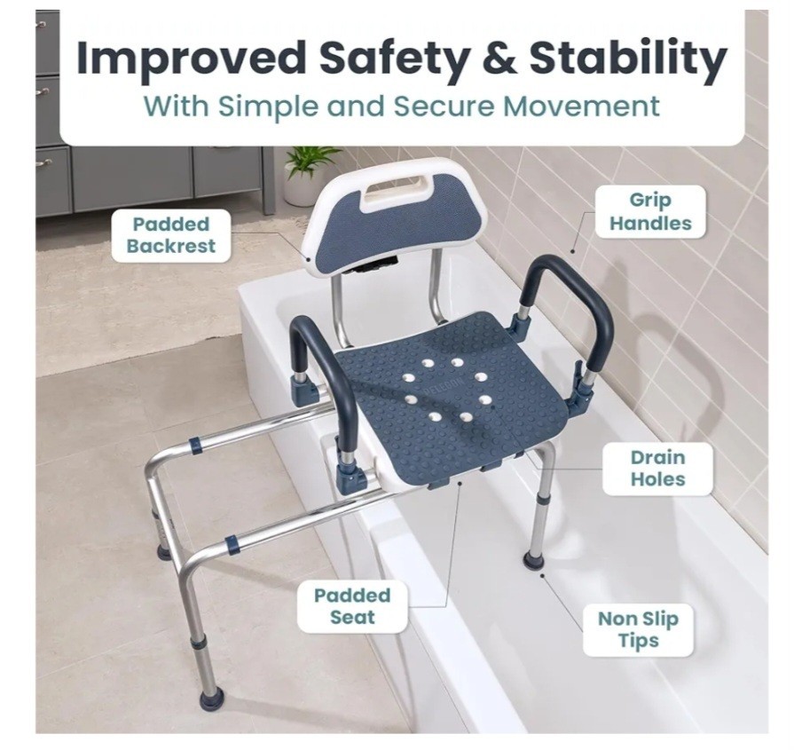 Sliding Shower Chair Tub Transfer Bench with Swivel Seat, Shower Bench, Blue