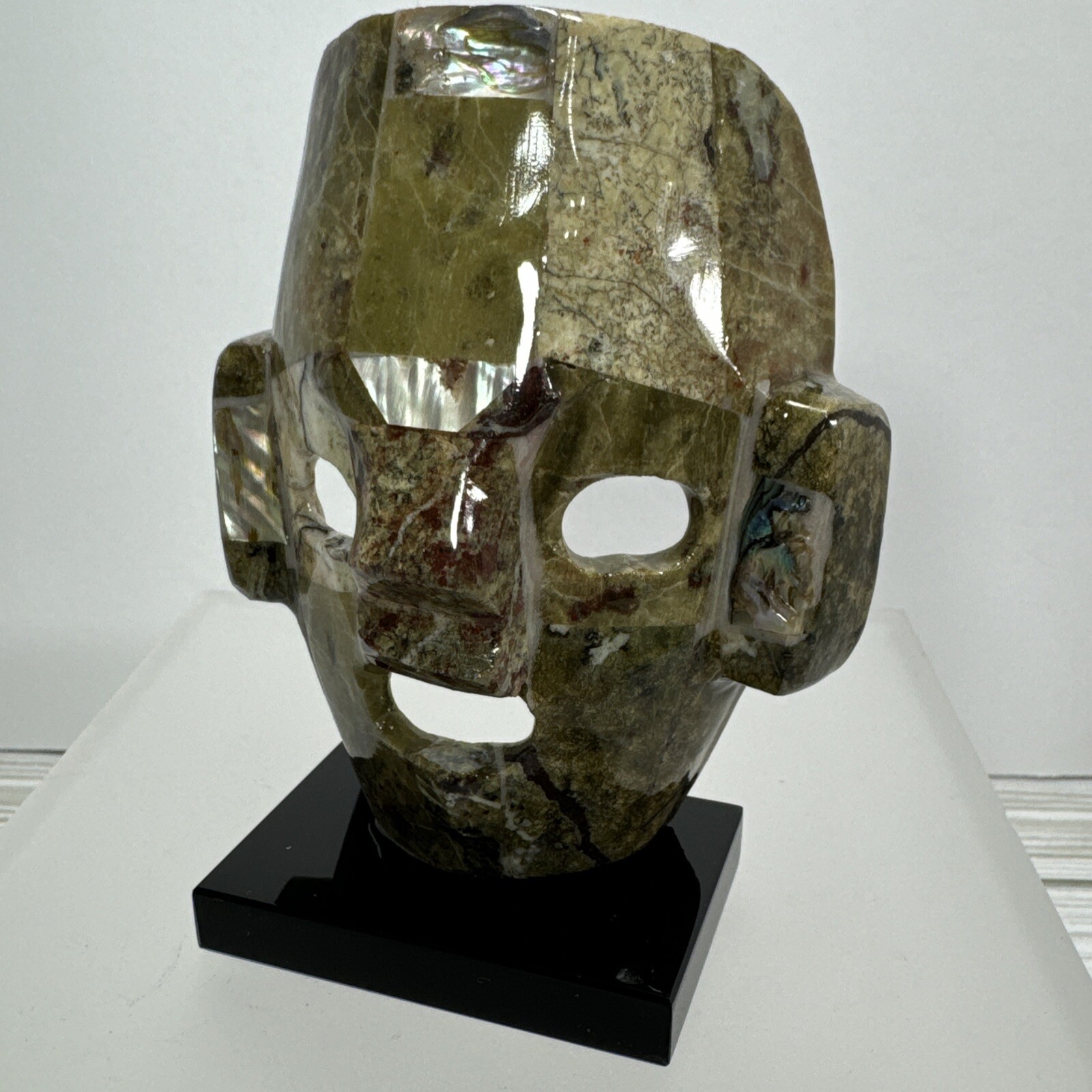 Mexican Mayan Tribal Burial Face Mask Green Stones Mixed Abalone Shell Onyx Base