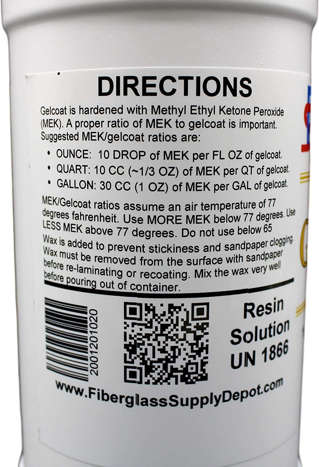 White Gelcoat with Wax (Quart) & MEKP (.5 oz)