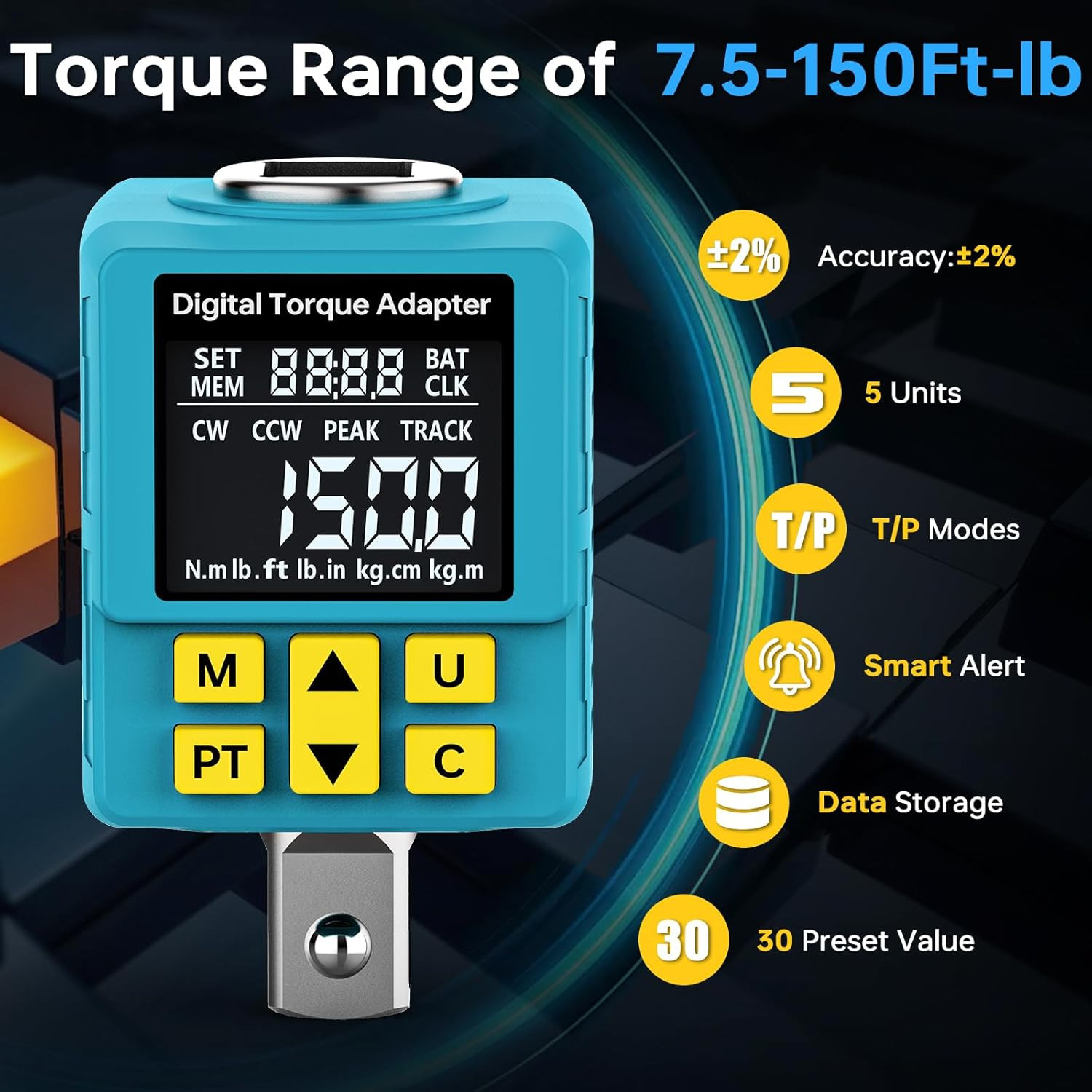 1/2" Digital Torque Adapter, (±1% Accuracy, 7.4-150Ft-Lb) Digital Torque Wrench