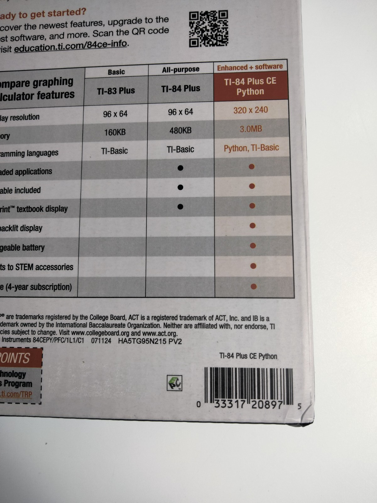 Texas Instruments graphing calculator clolor screen I-84 Plus CE Python