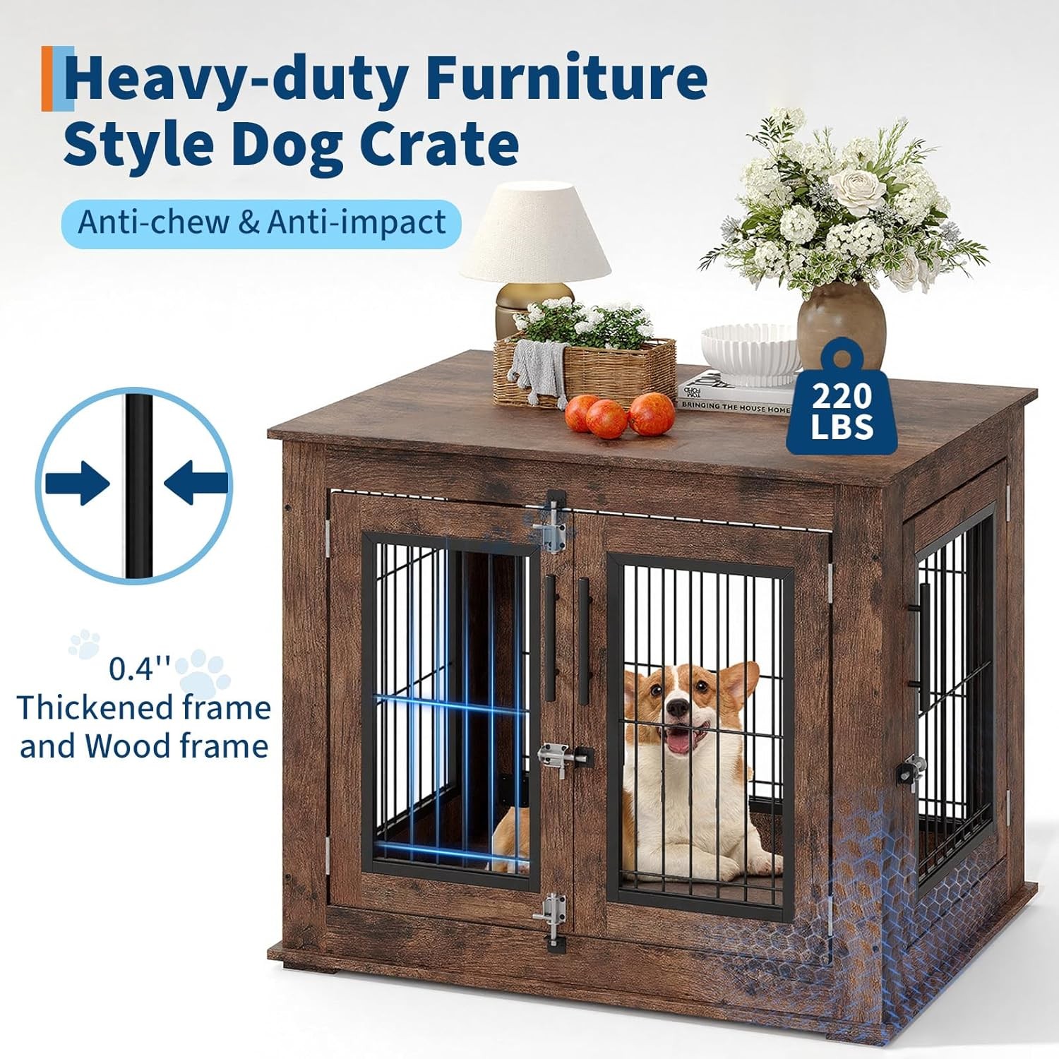 Dog Crate Furniture End Table Heavy Duty Wooden Kennel Cabinet with Double Doors