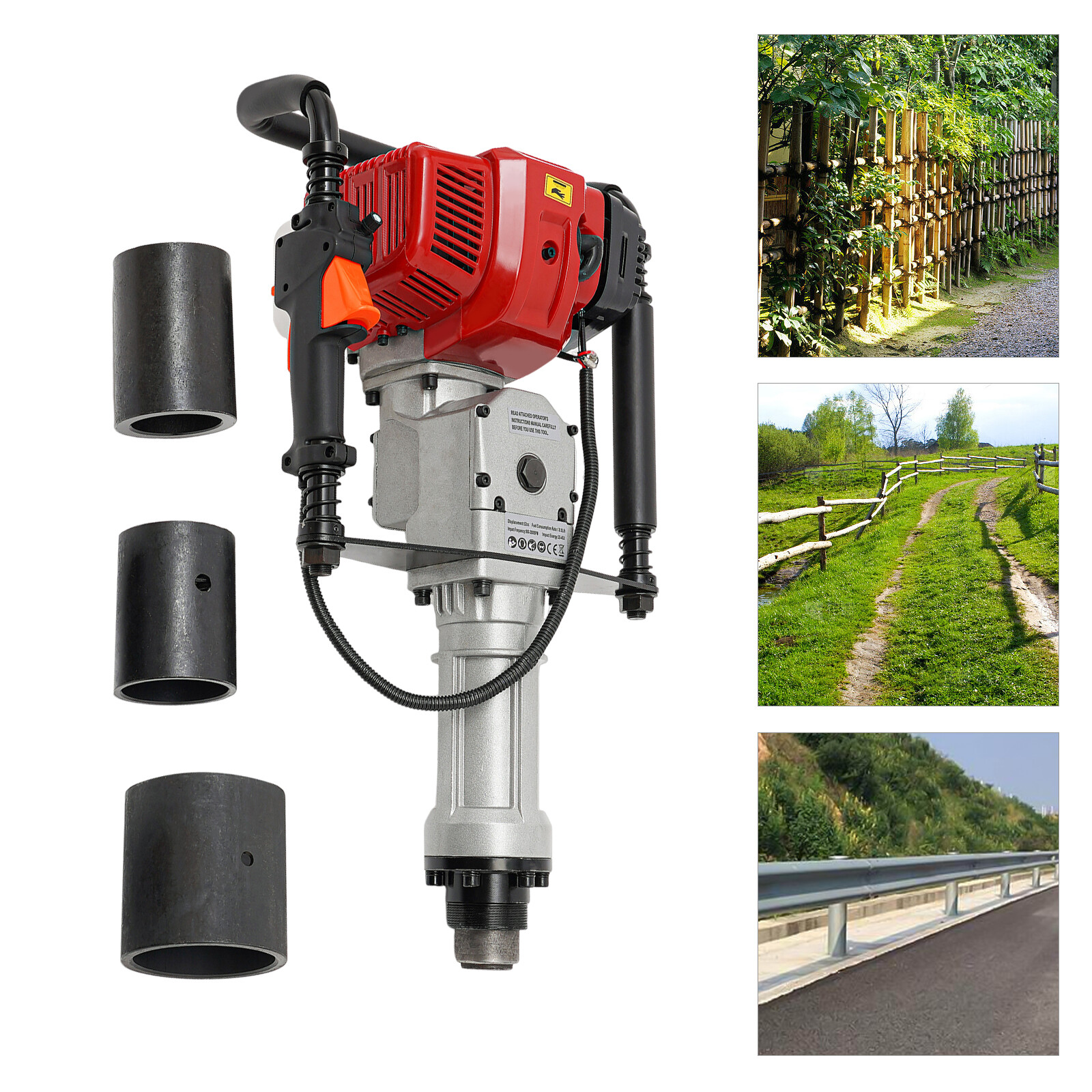 52CC 2.3HP Gas Powered T Post Driver Fence Pile Driver Hammer Tool Kit w/3 Heads