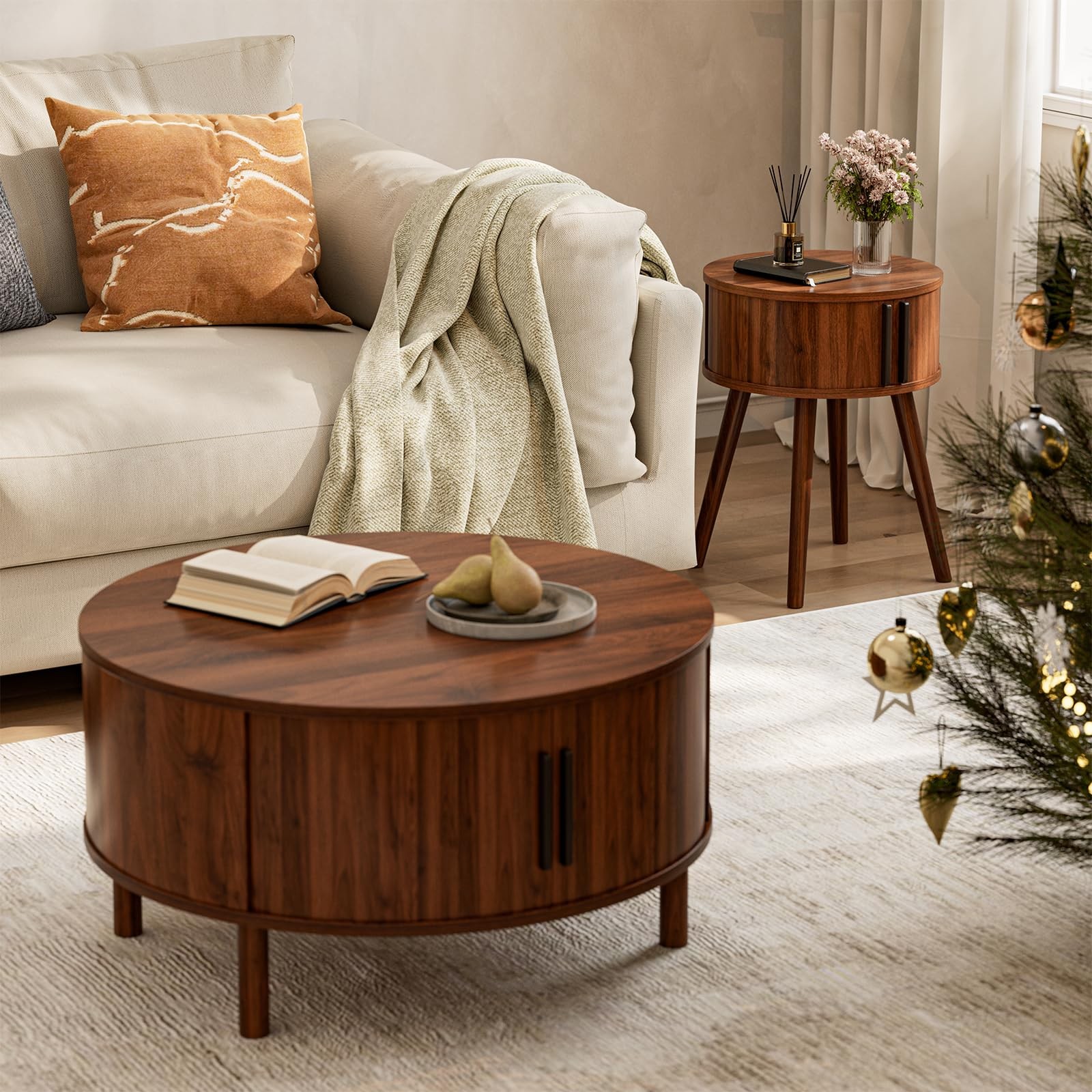 Side Table with Sliding Door & Cabinet, End Table for Living Room, Night Stan...