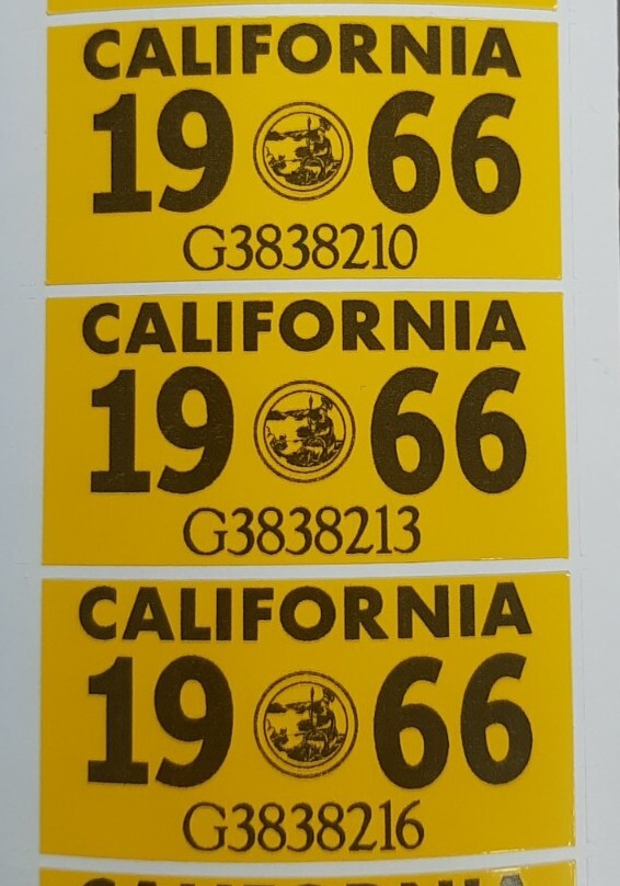1966 California License Plate Registration Sticker, YOM, CA DMV $12.00 each