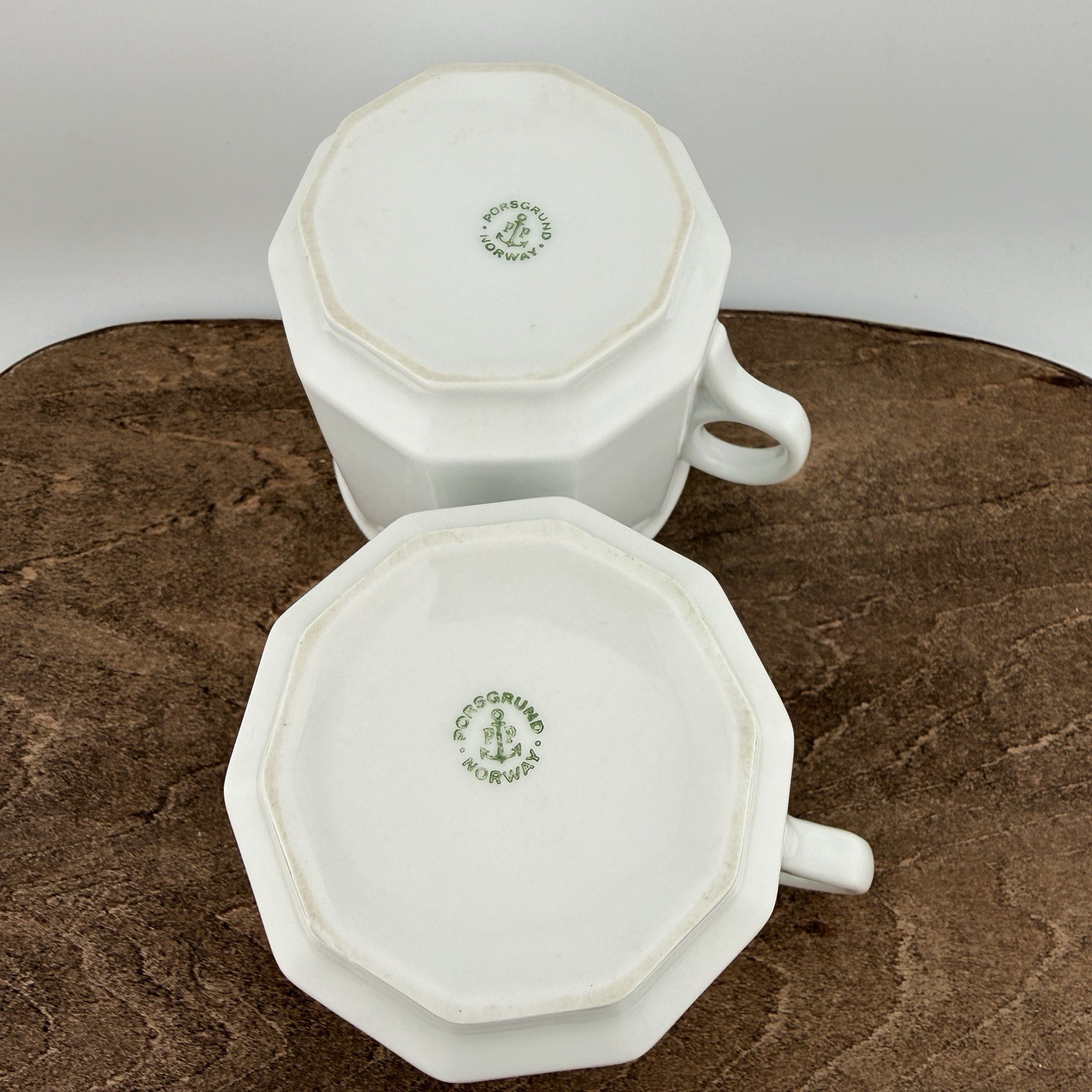 Vintage Porsgrund Norway Octavia Red Rim Coffee Tea Cup Mugs 8oz Faceted Set