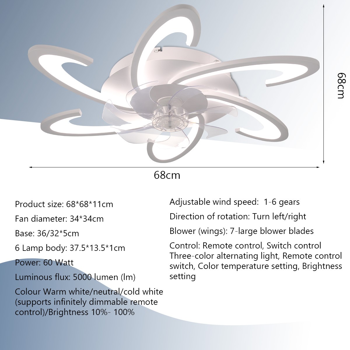 Control,Geometric Colors Fan Speeds& Bladeless,White Bedroom Remote 6 Ceiling 3