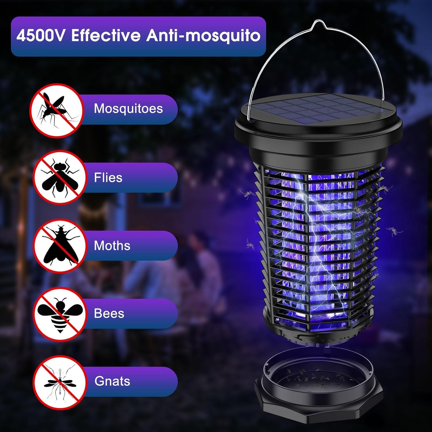 Solar Bug Zapper Outdoor Mosquito Zapper 4500V Waterproof Rechargeable Fly Zappe