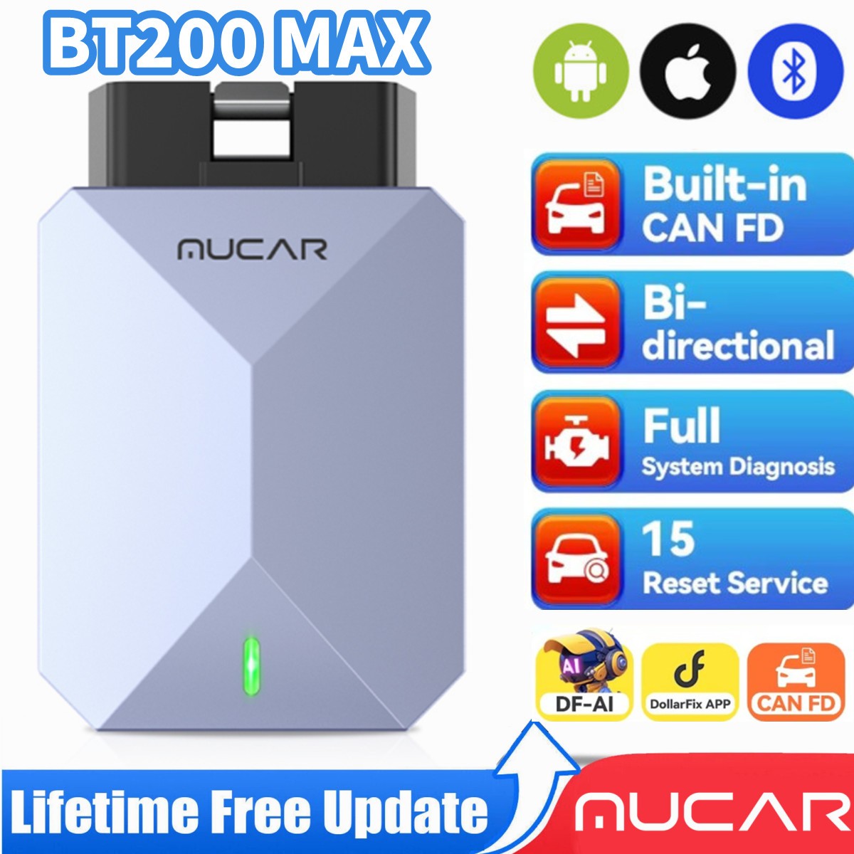 MUCAR BT200 MAX Bluetooth OBD2 Code Reader Scanner Tool Full System AI Diagnose