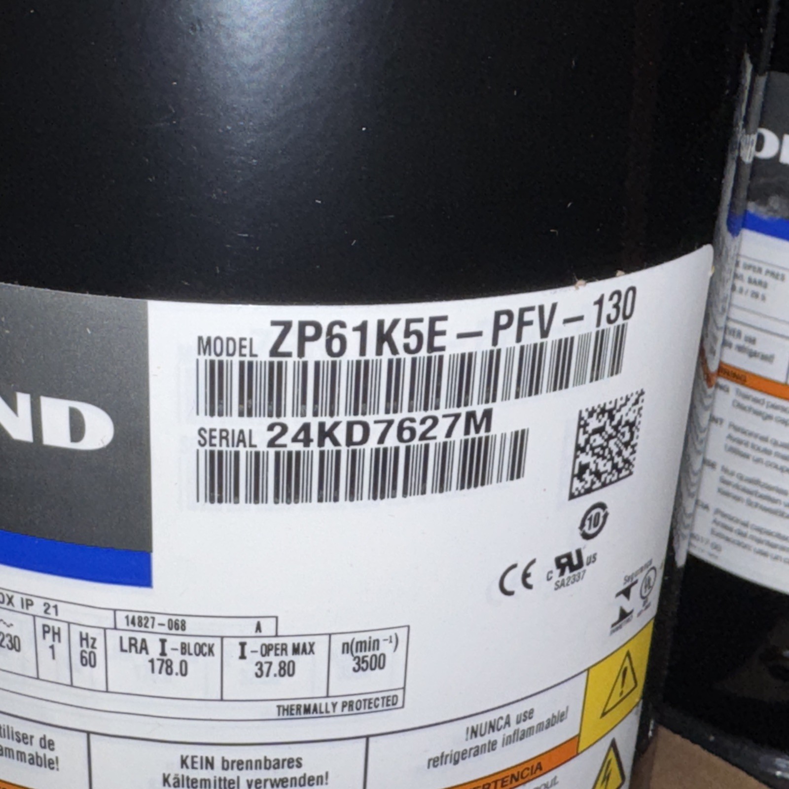 Copeland ZP61K5E-PFV-130 5 Ton A/C Scroll Compressor 230 Volt 1PH