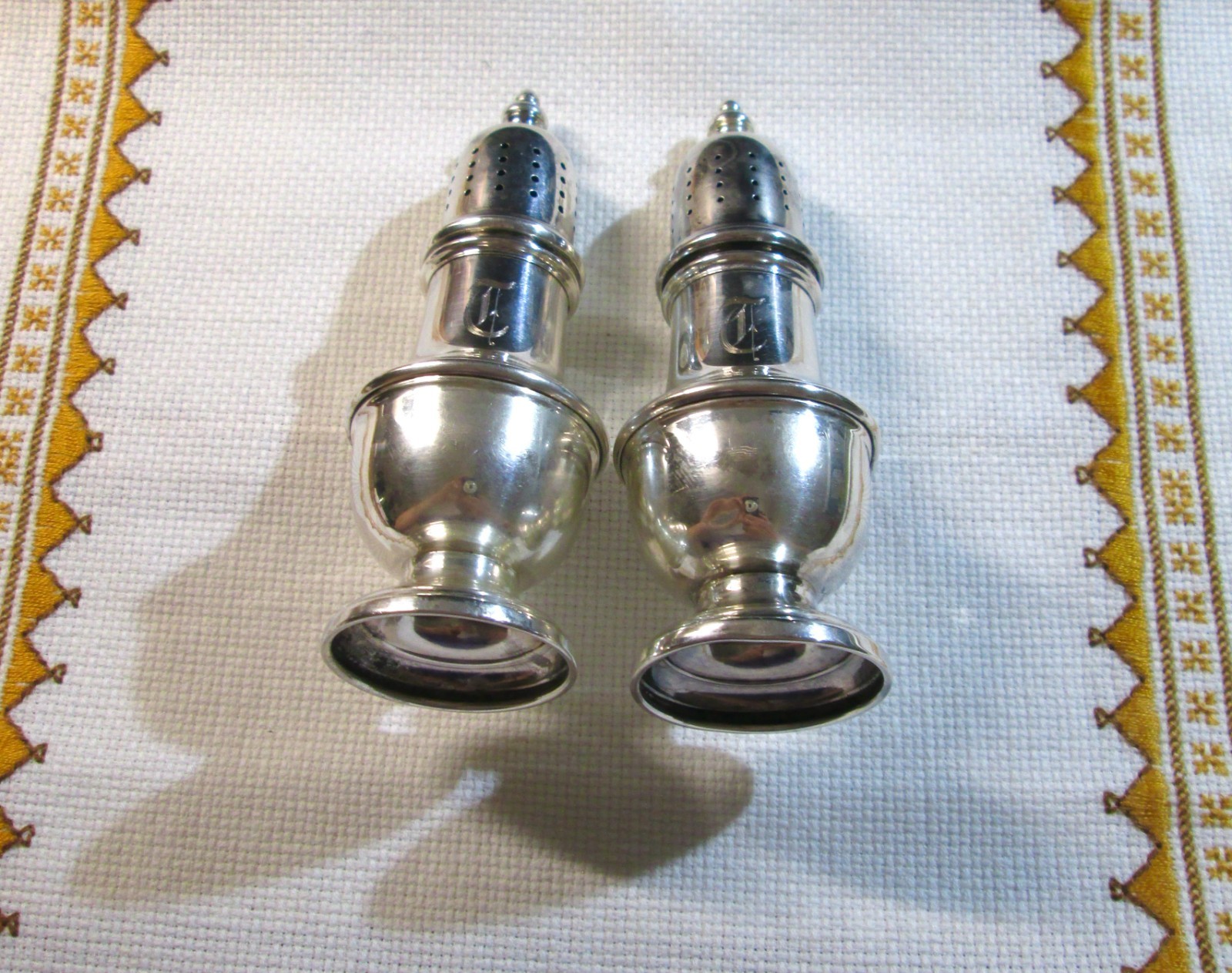 Antique Sterling RTH 136 Pedestal Salt and Pepper Shakers, Art Deco,30s,monogram