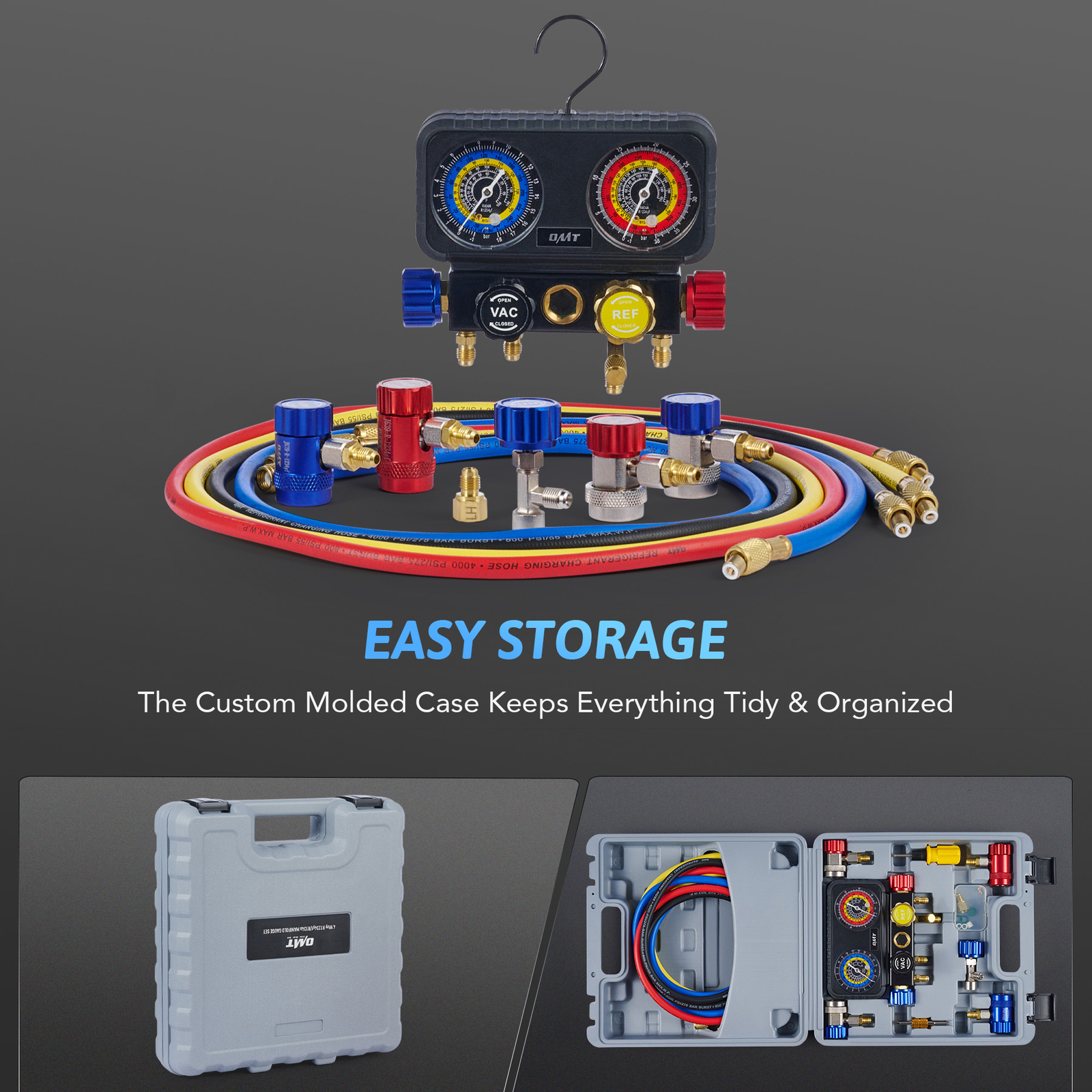 OMT 4 Way Diagnostic Manifold Gauge Set for R1234yf Refrigerant Freon Charging