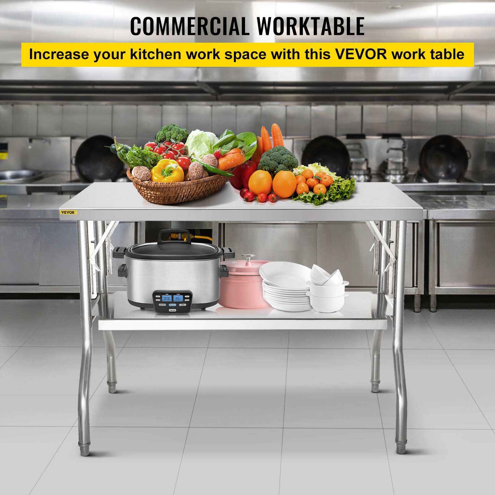 VEVOR Commercial Stainless Steel Folding Work Prep Tables Open Kitchen 48x24 In