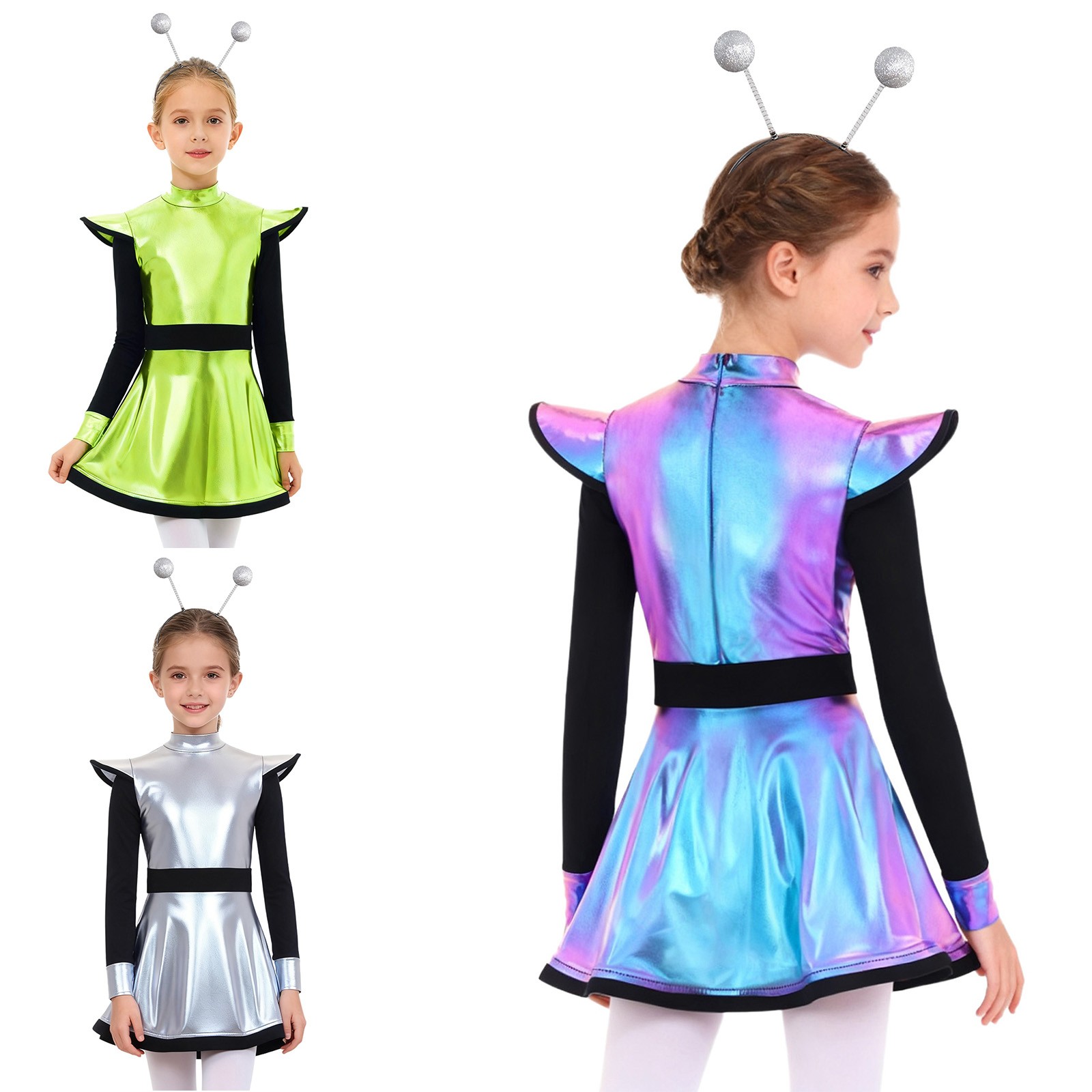 Kids Girls Dress Mock Neck Alien Costume Built-In Shorts Outfit Outerspace 2Pcs