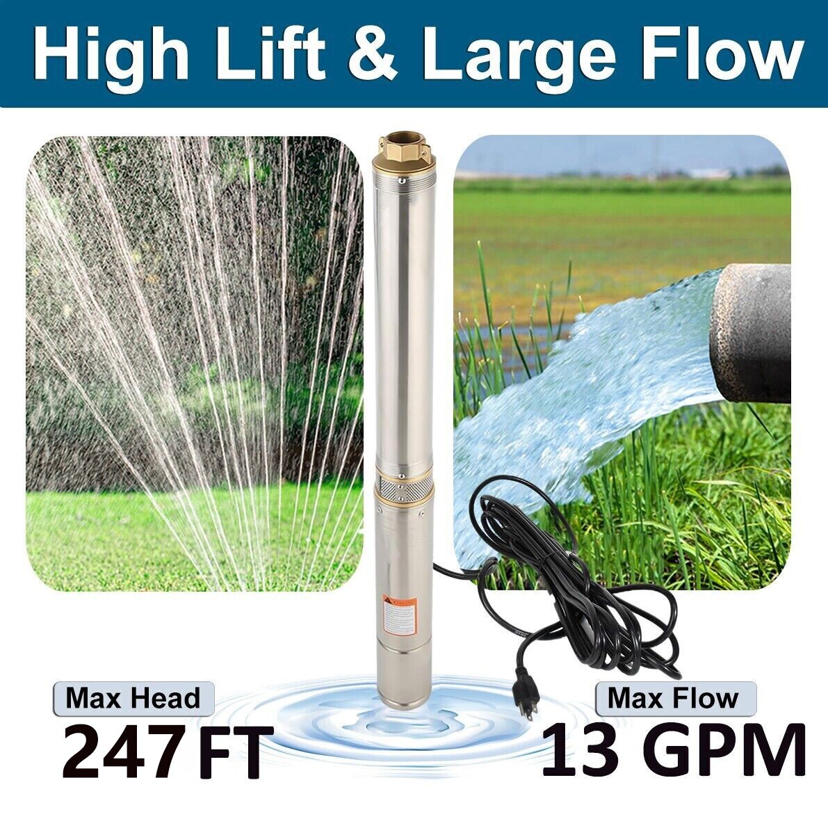 1HP 3" Deep Well Submersible Pump 110V 1.25''NPT 13GPM 247 ft Max w/Control Box