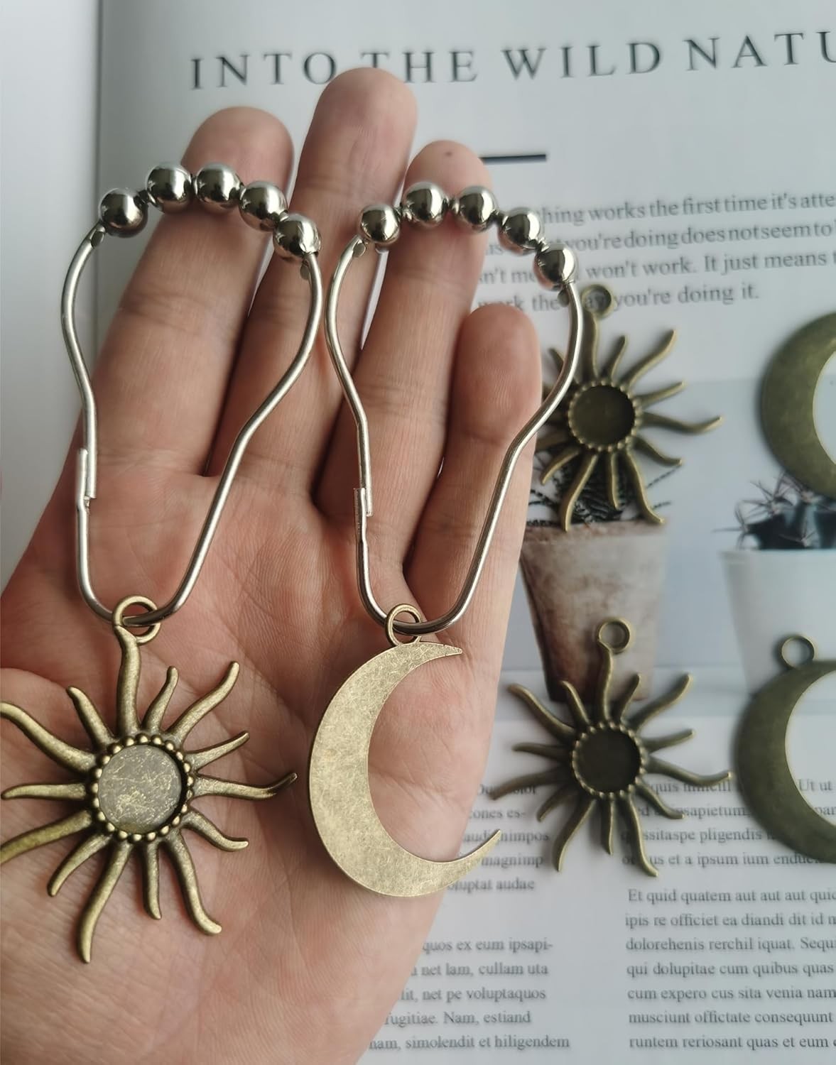 Sun Moon Celestial Shower Curtain Hooks Rustproof Boho Decorative Rings 12 Pack