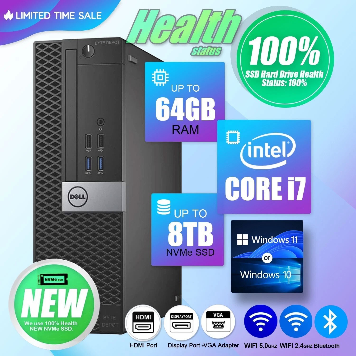 DELL Desktop Computer PC i7,up to 64GB RAM, 8TB m.2 SSD,  Windows 11 or 10, WiFi
