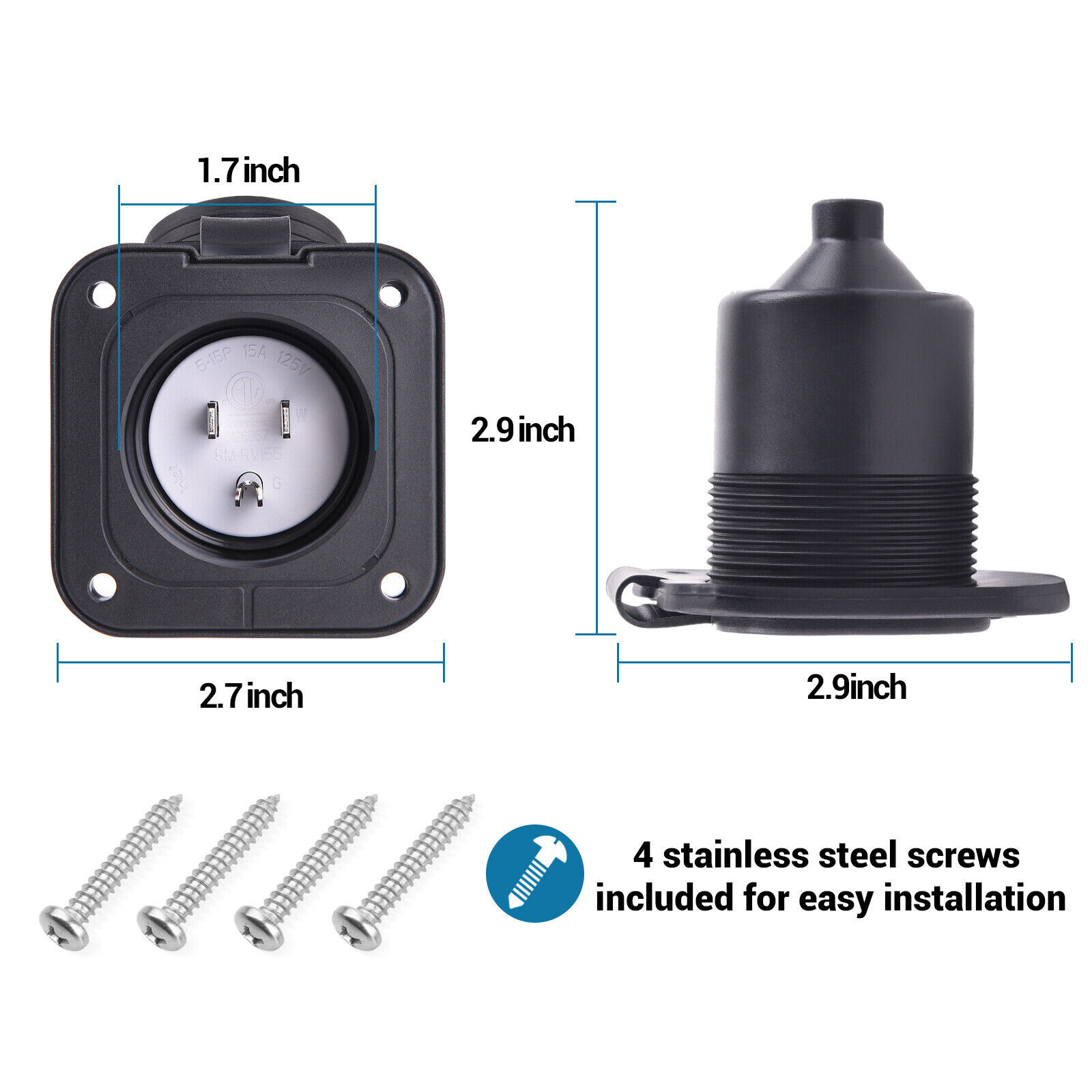 15 Amp Flanged Inlet 125V NEMA 5-15 RV Shore Power Inlet Plug w/Waterproof Cover