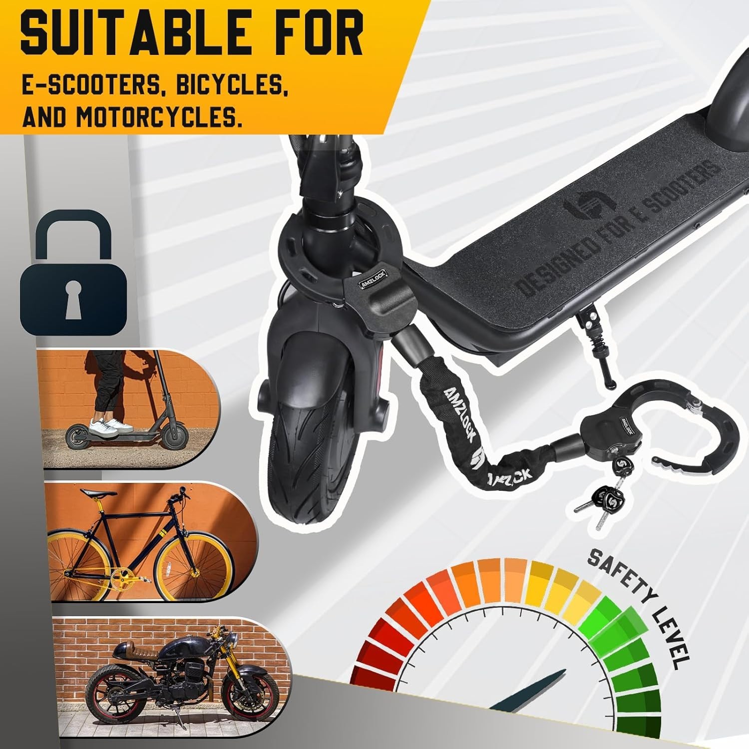 Electric Scooter Lock, Heavy Duty Anti-Theft Chain Lock with Key for E-Bike