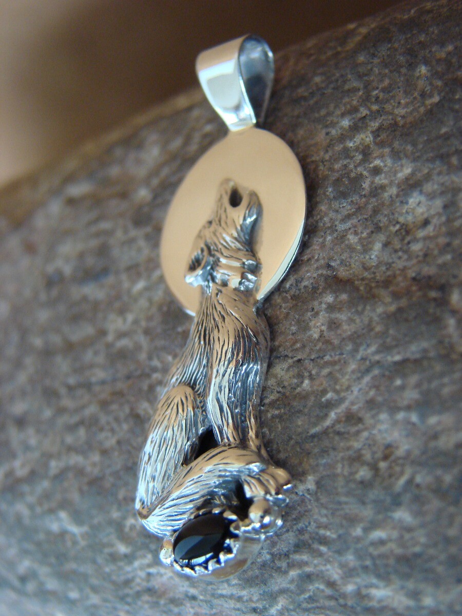Navajo Indian Sterling Silver Hand Stamped Wolf Onyx Pendant by Yellowhair