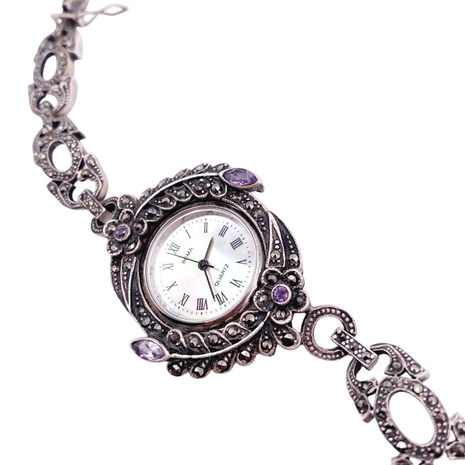 Boma Vintage Sterling Silver With Marcasite And Amethyst Watch 7”