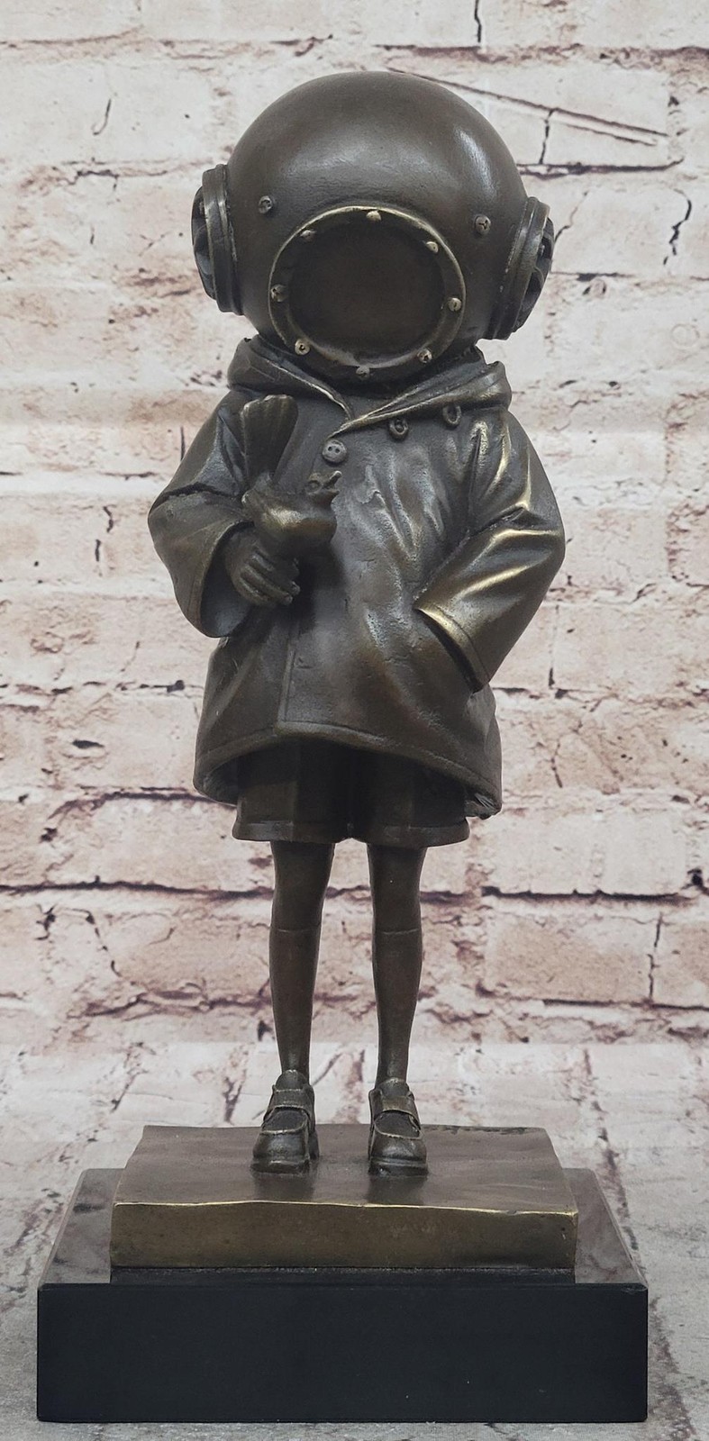 Space Girl and Bird after Banksy - Bronze Sculpture Statue on Marble Base