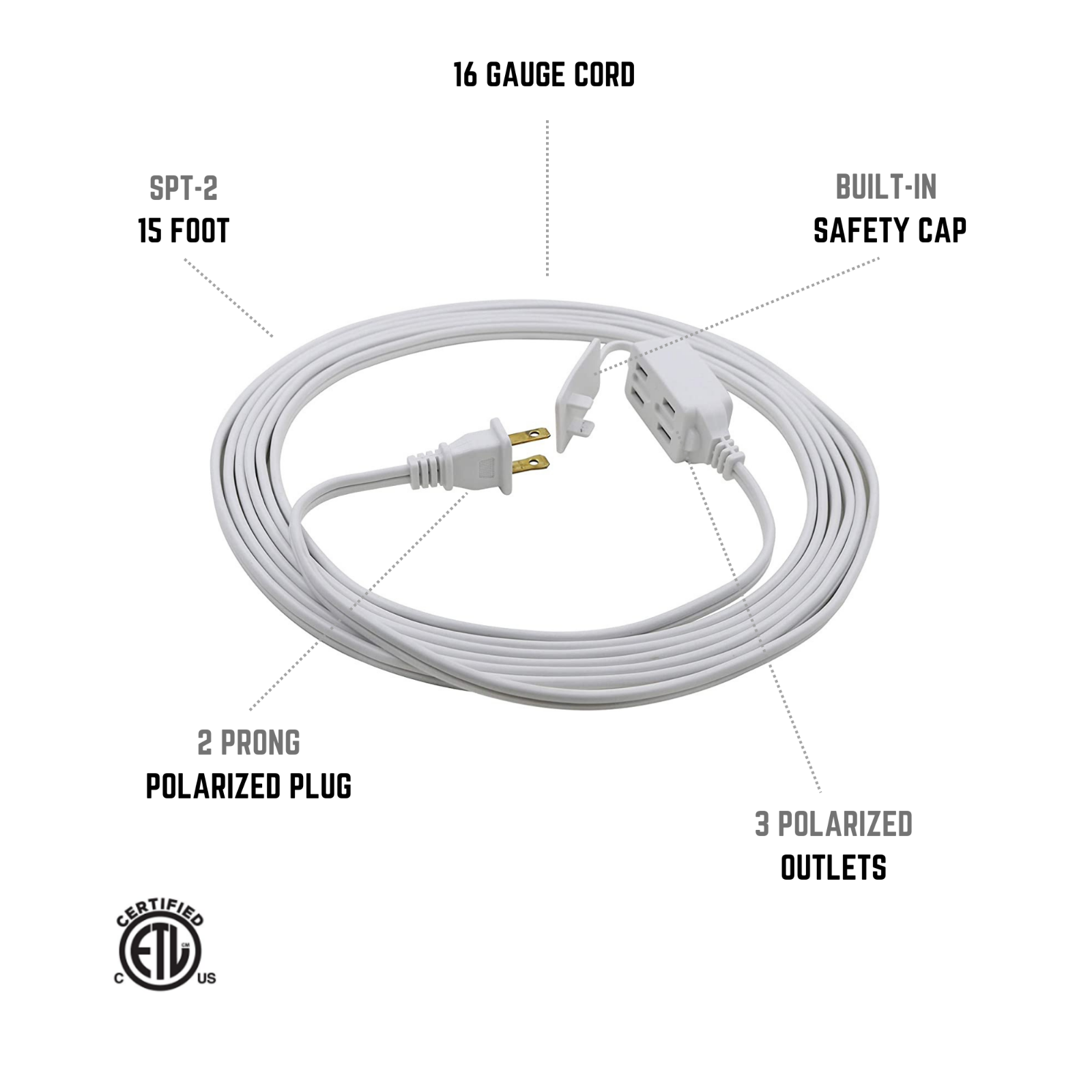 CP (2-Pack) 15ft 16/2 SPT-2 3-Outlet Indoor Extension Cord White, CP10034X2