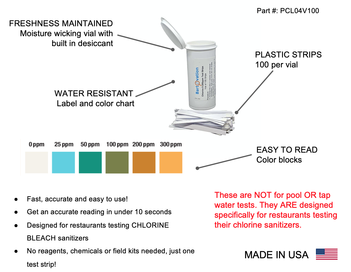 Restaurant Chlorine Sanitizer Plastic Test Strips 0-300 ppm [Vial of 100 Strips]